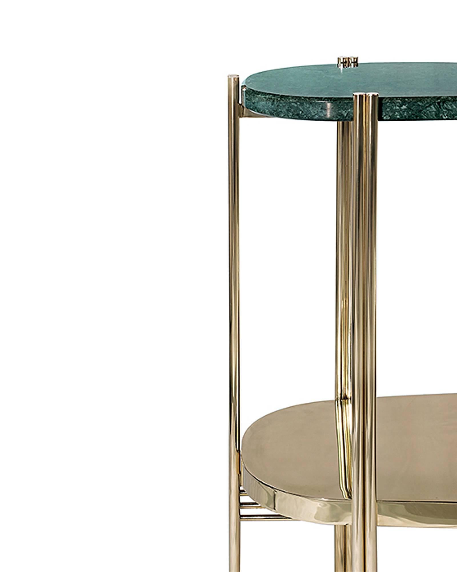 Hand-Crafted Green Marble Console with Polished Brass Structure For Sale