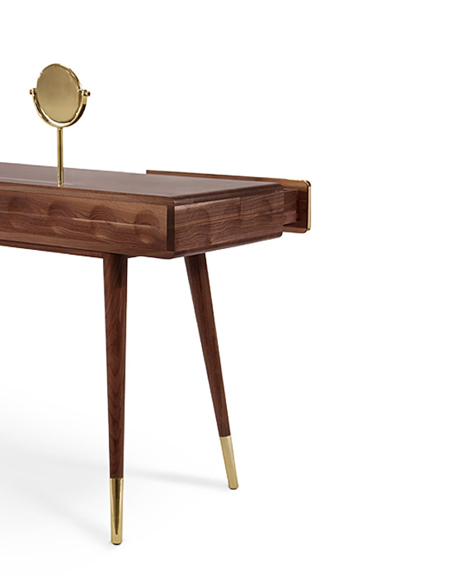 Contemporary Golden Drawers Desk Walnut Wood For Sale