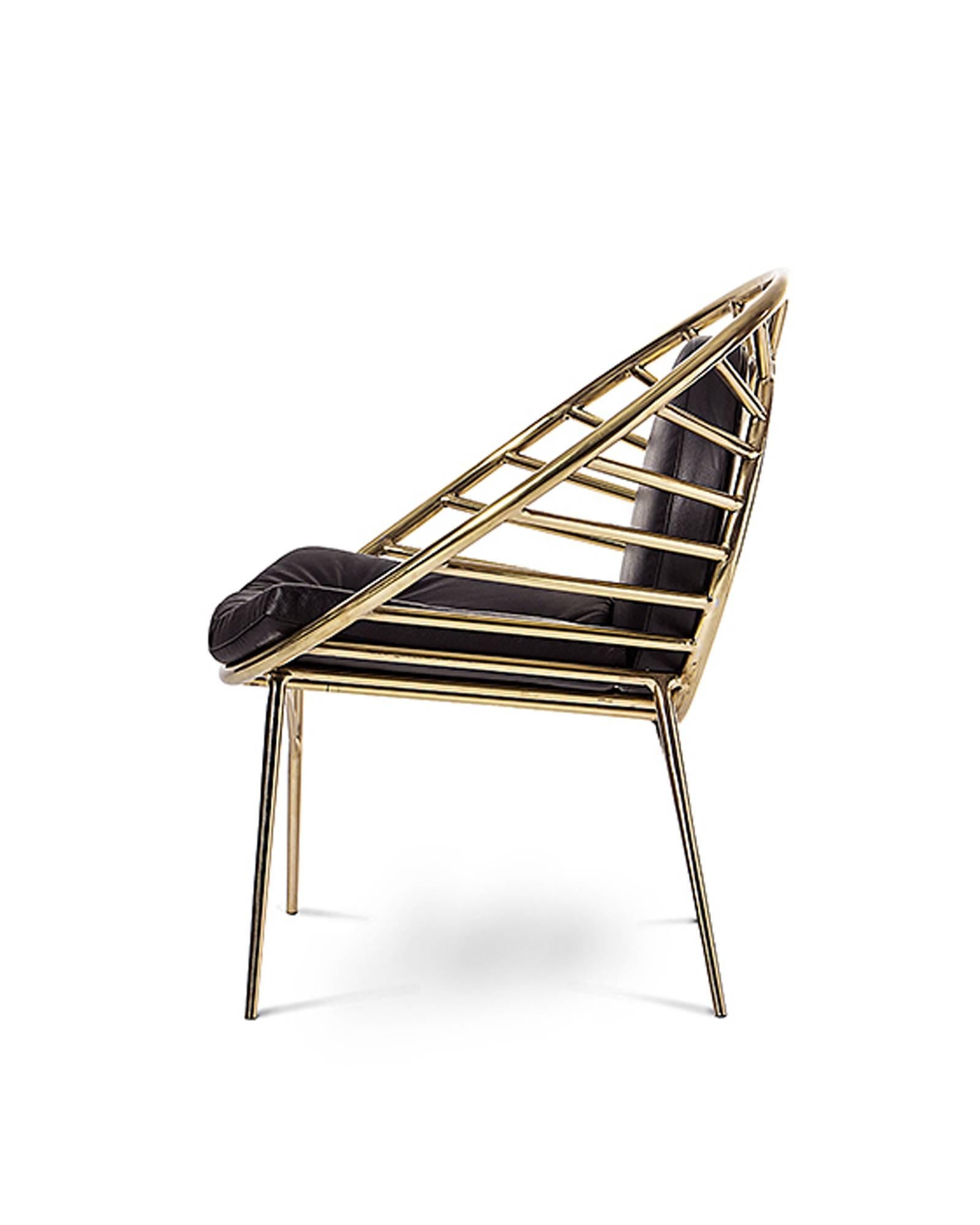Portuguese Cosmo Chair with Tubular Brass Structure and Leather Cushions For Sale