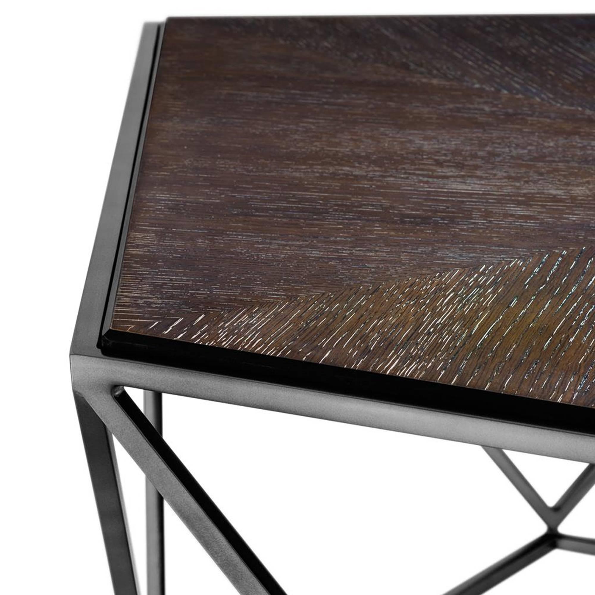 Indonesian Penta Coffee Table with Charcoal Oak Top and Black Nickel Finish For Sale