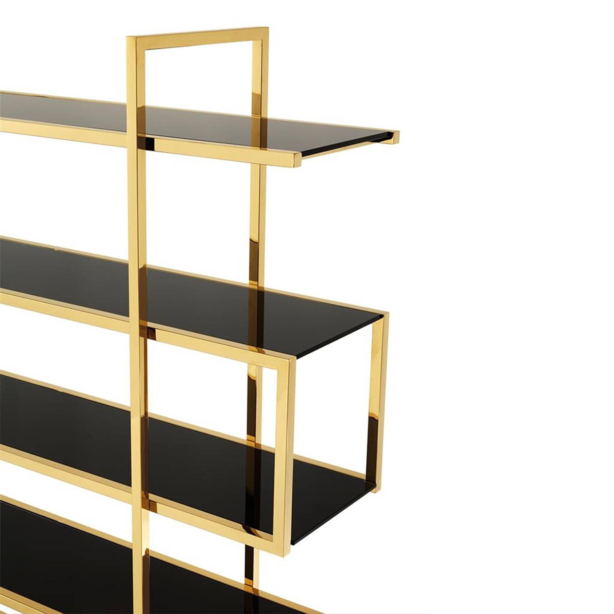 Bookshelves gold with gold finish structure
and smoke glass. Available in polished stainless
steel. Elegant piece.
