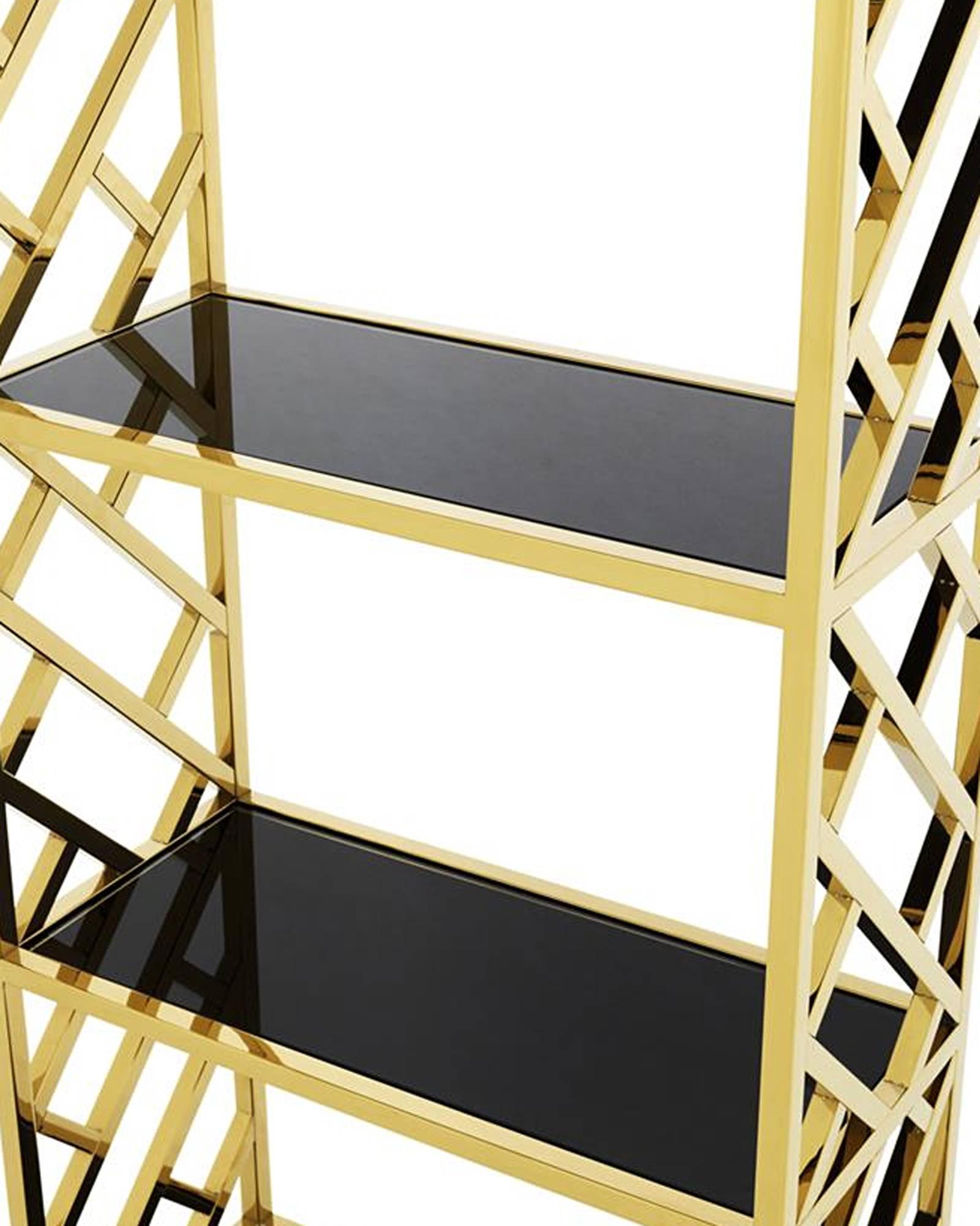 Chinese Gold Shelves in Gold Finish and Six Black Glass