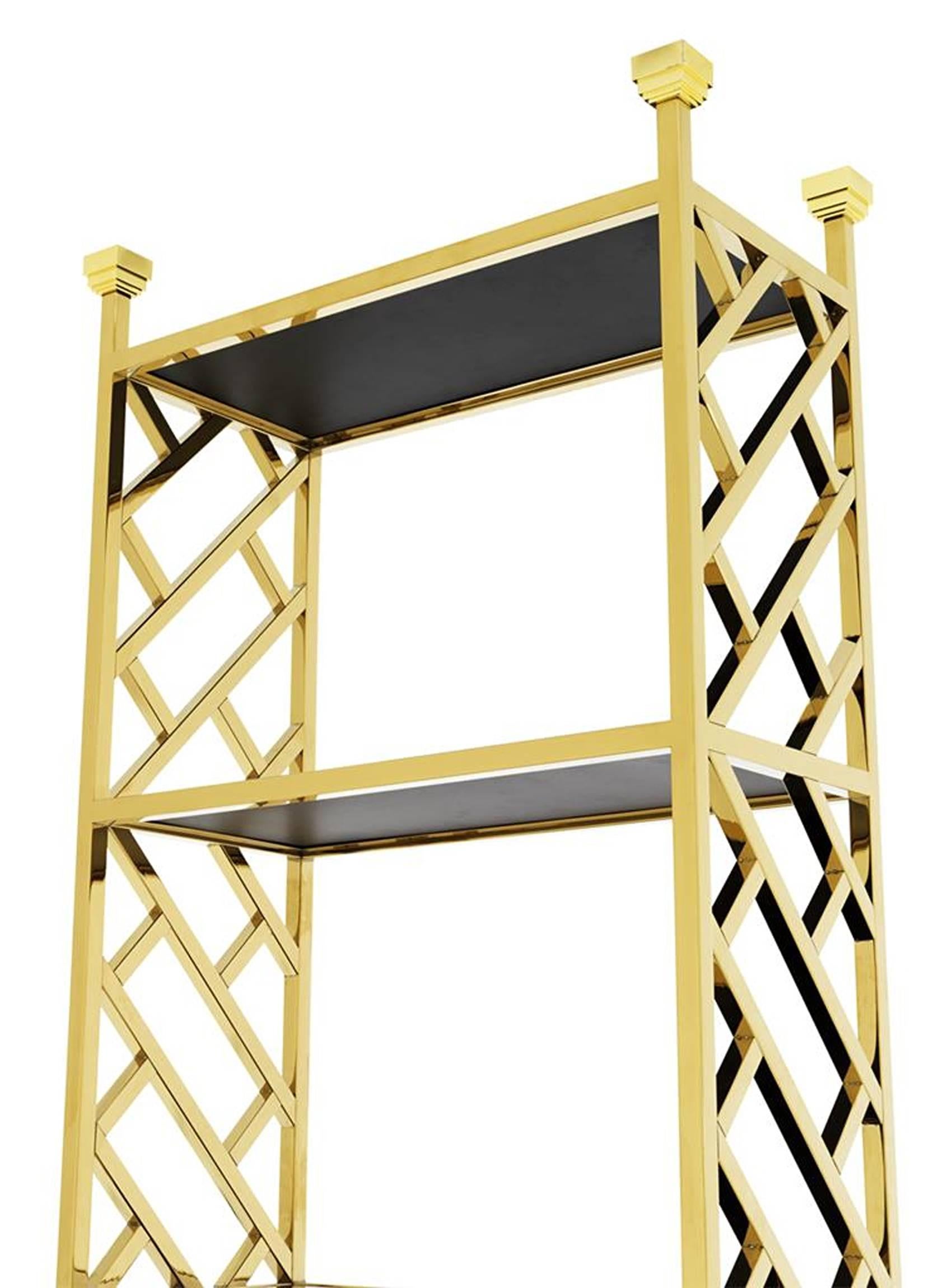Contemporary Gold Shelves in Gold Finish and Six Black Glass