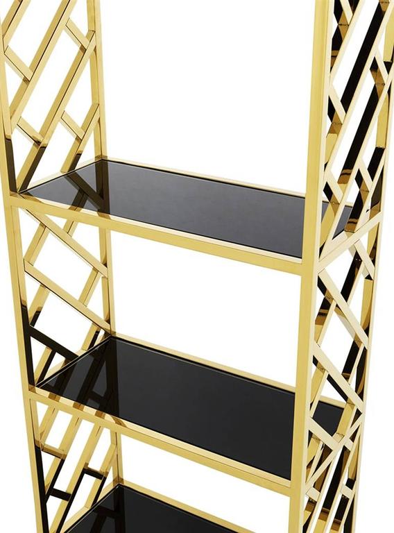 Gold Shelves in Gold Finish and Six Black Glass For Sale at 1stDibs