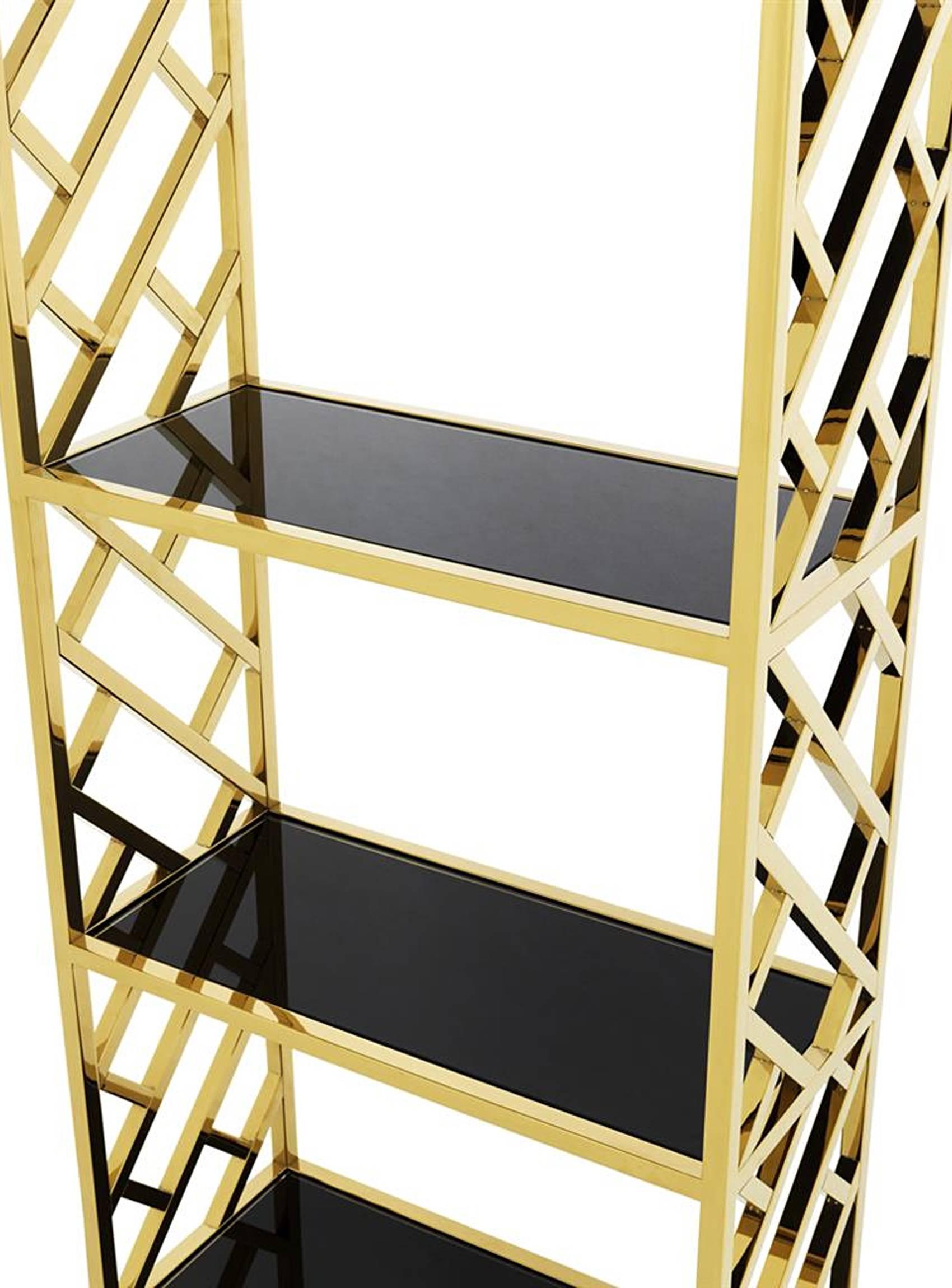 Shelves or cabinet gold with gold finish
structure and six black glass.

 