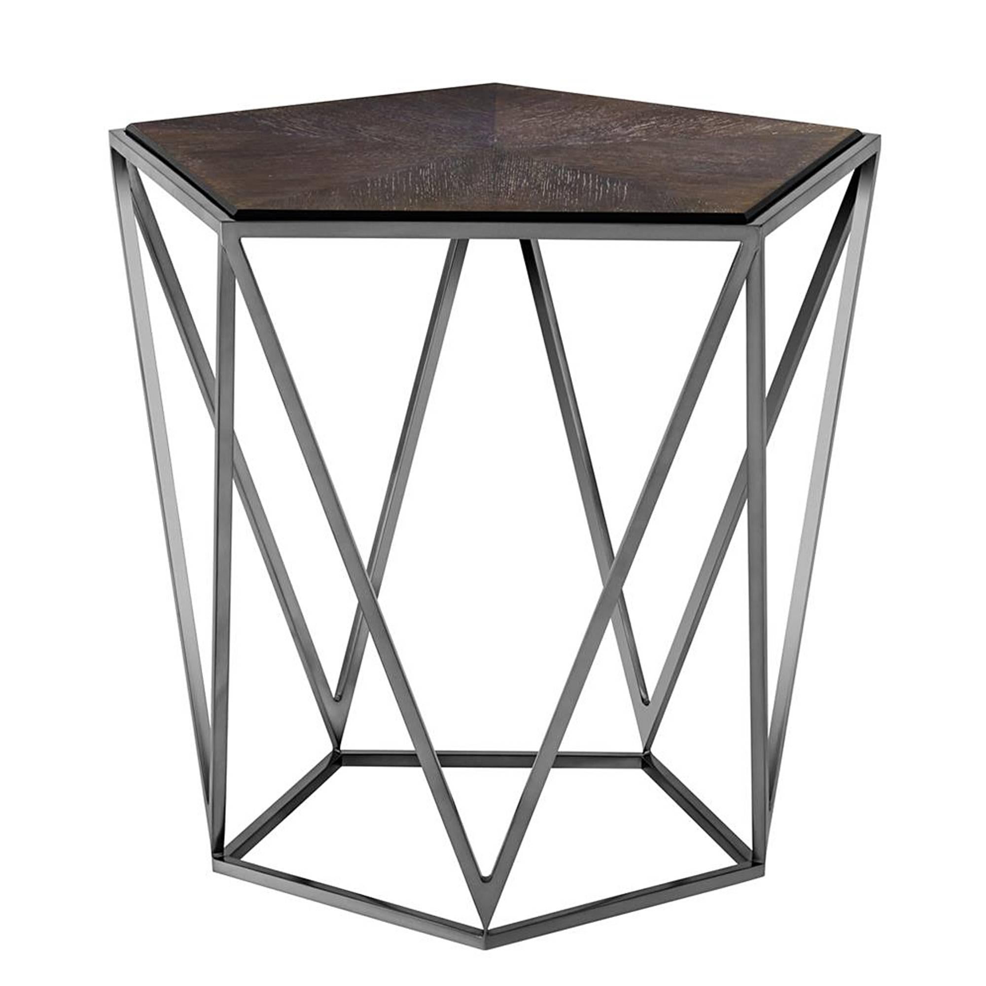 Side table Penta with charcoal oak veener top
on black nickel finish base. Original piece for living or
office. 