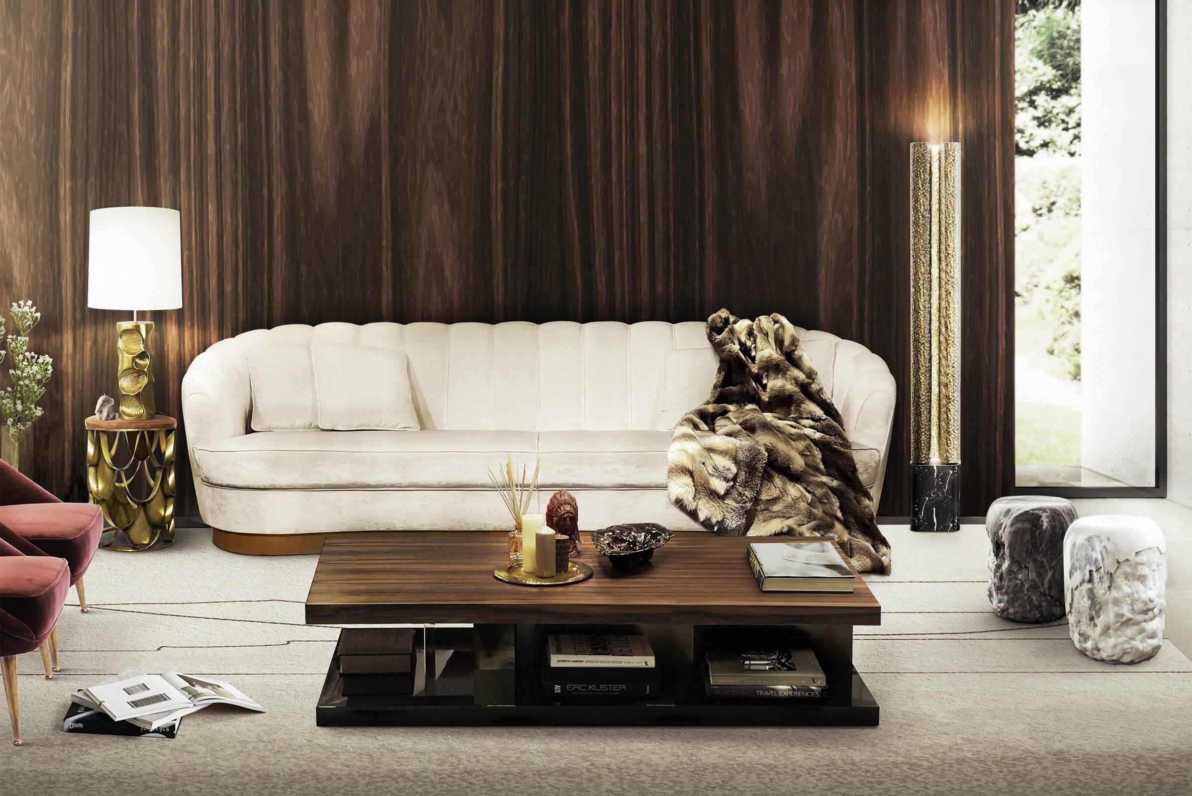 Polished Chloe Coffee Table with High Glossy Lacquer, Veneer Wood and Brass For Sale