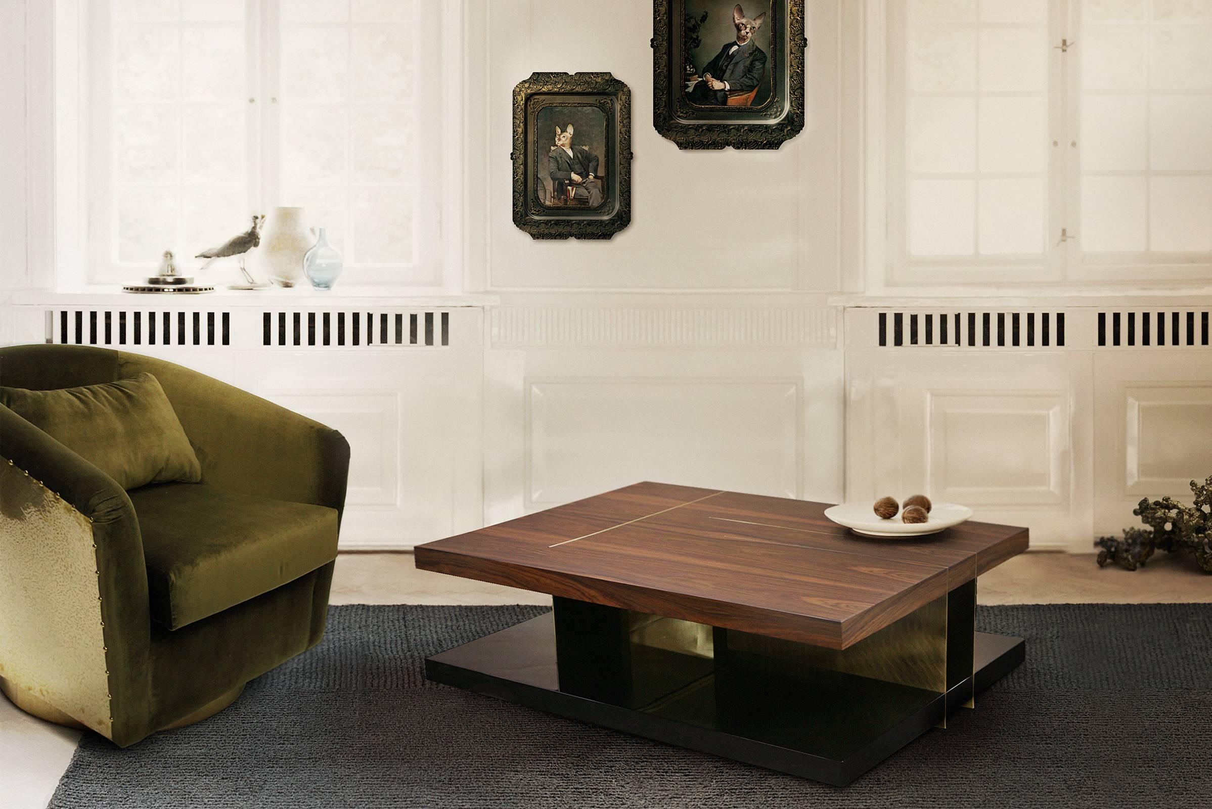 Portuguese Chloe Coffee Table with High Glossy Lacquer, Veneer Wood and Brass For Sale