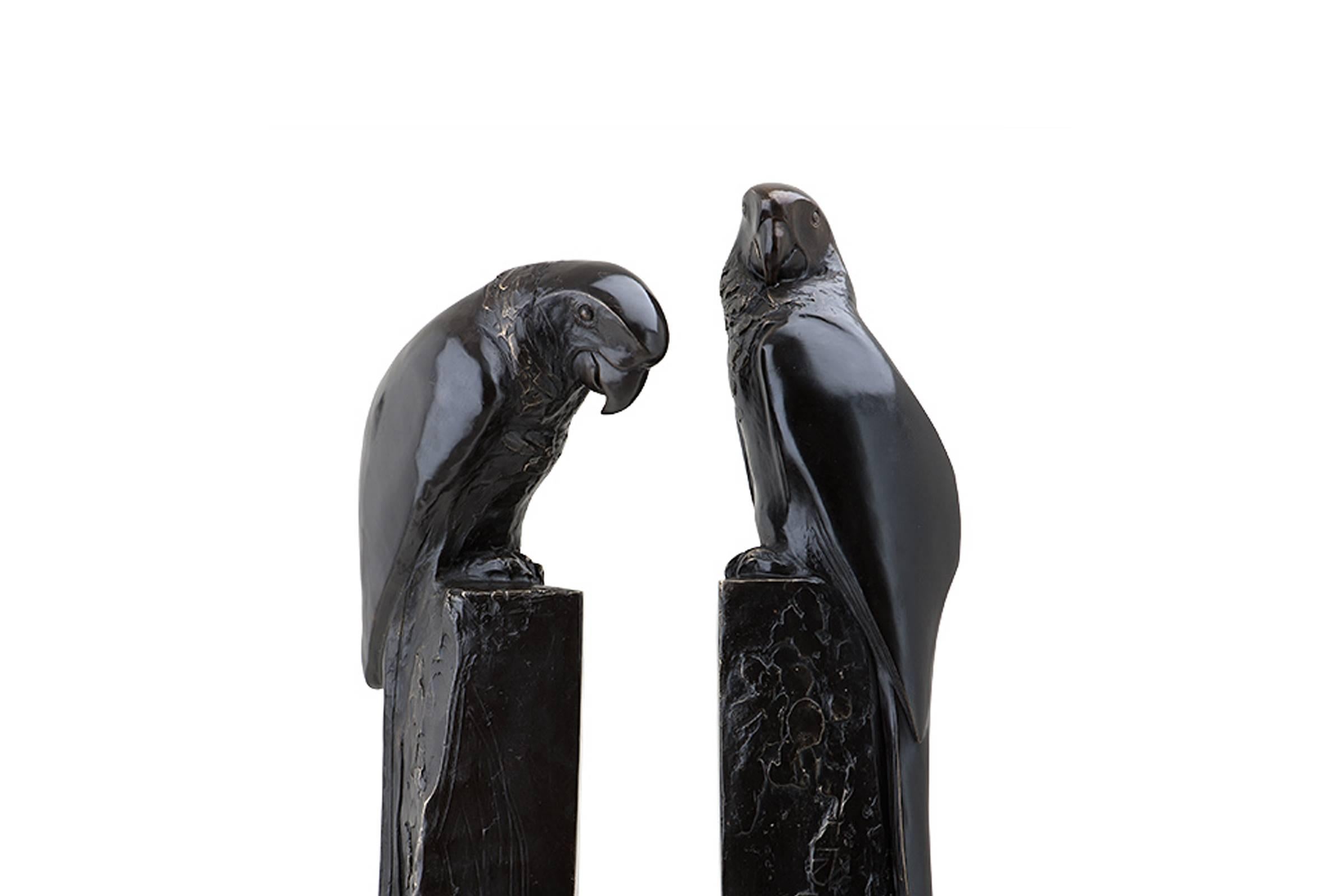 Contemporary Parrot Set of Two Book Ends in Solid Bronze Patina