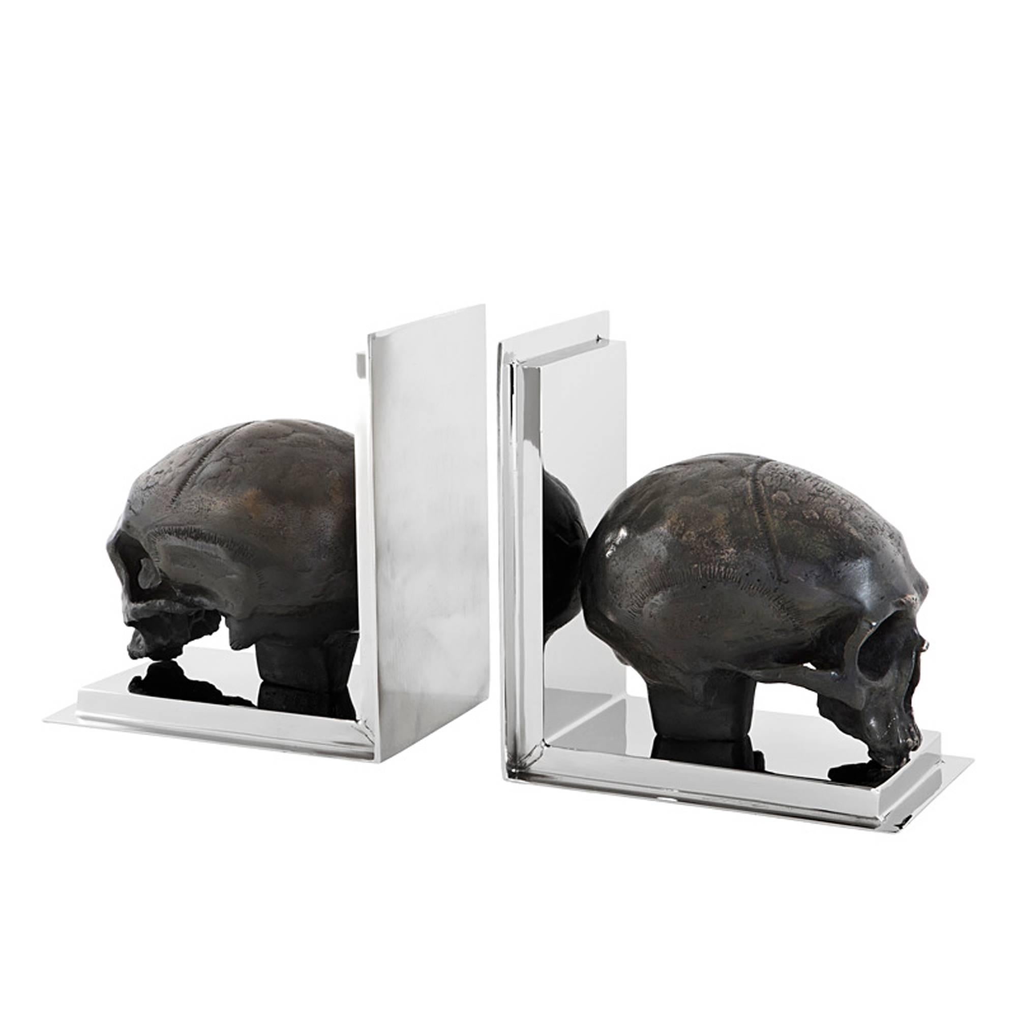 Skulls Bookend Set of Two in Nickel Finish and Antique Brass For Sale