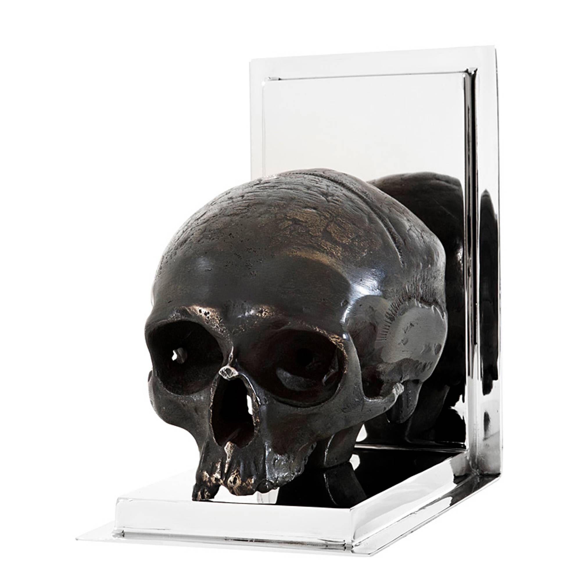 Polished Skulls Bookend Set of Two in Nickel Finish and Antique Brass For Sale