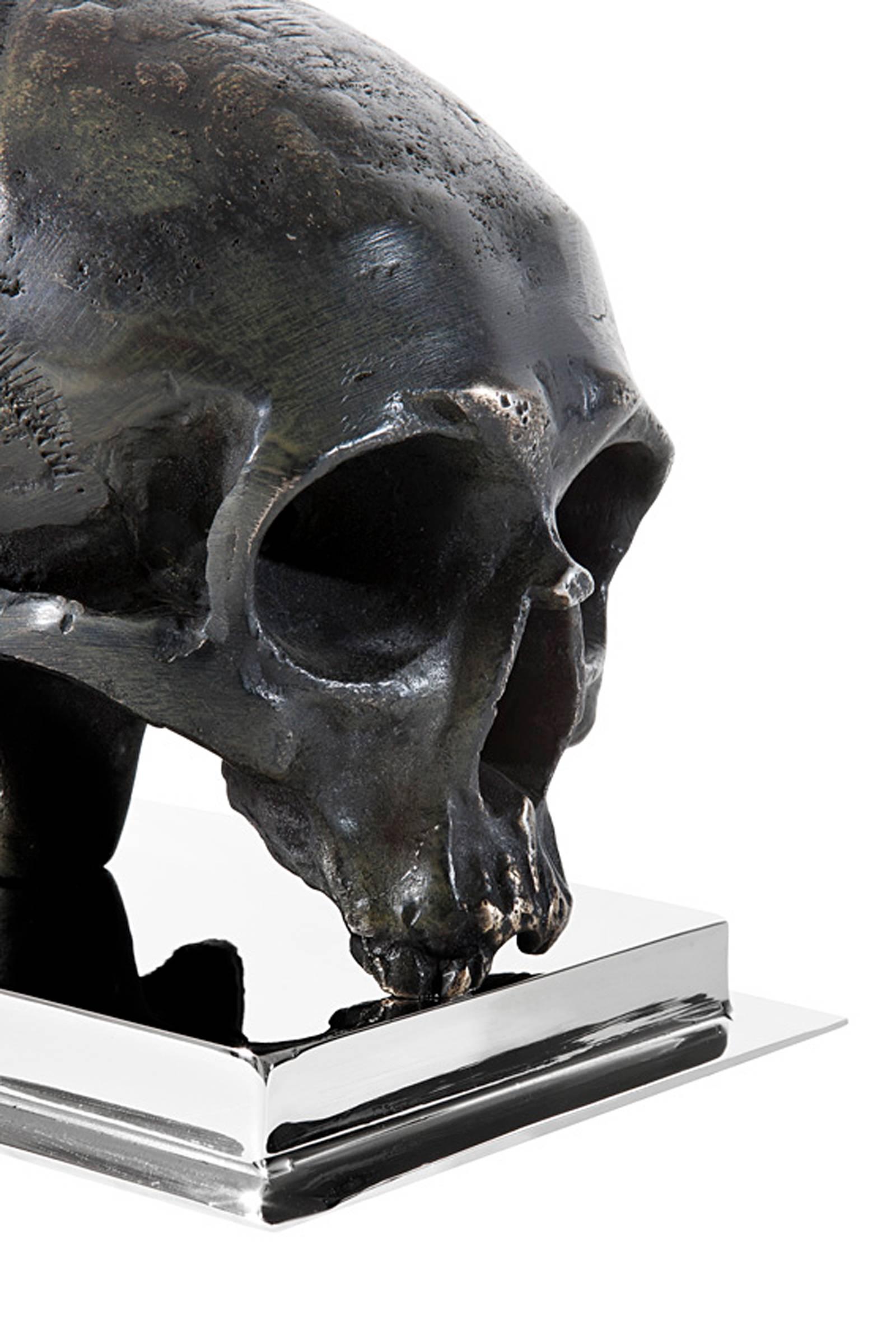 Indian Skulls Bookend Set of Two in Nickel Finish and Antique Brass For Sale