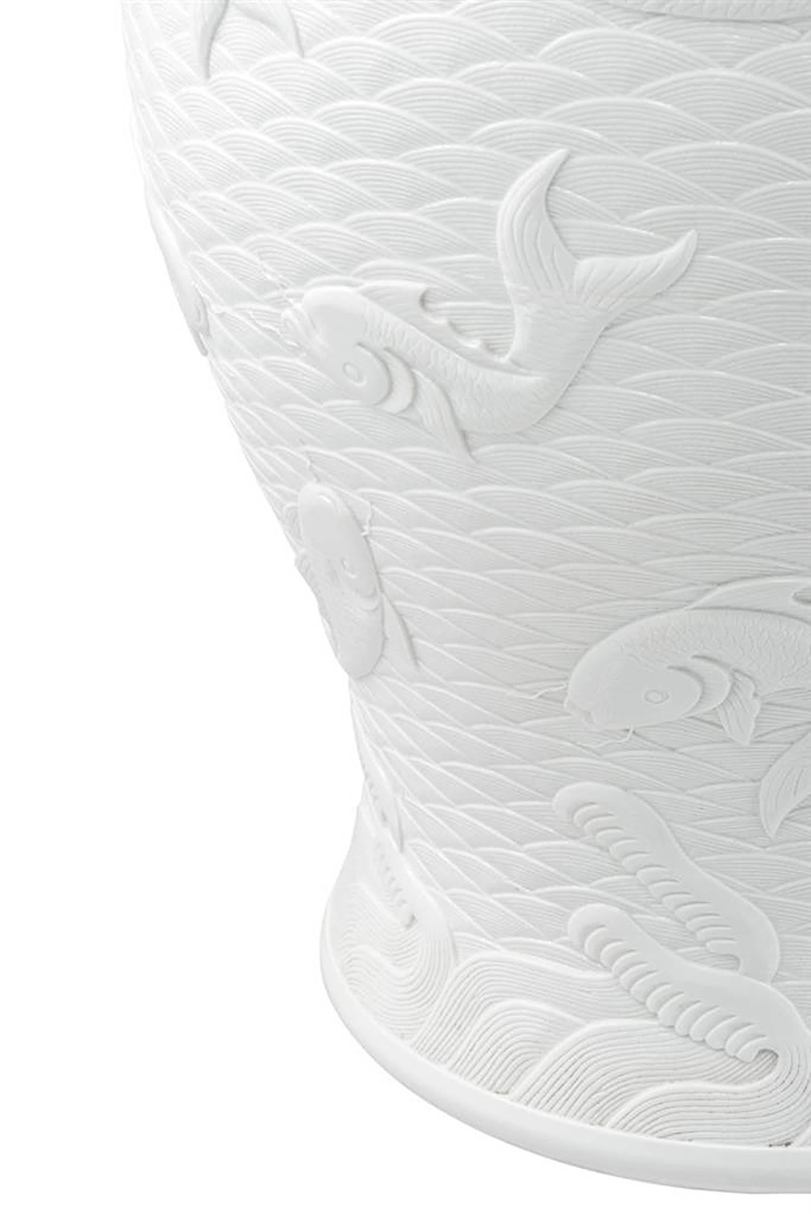 Contemporary Karps Vase in White Relief Ceramic with Japanese Fishes
