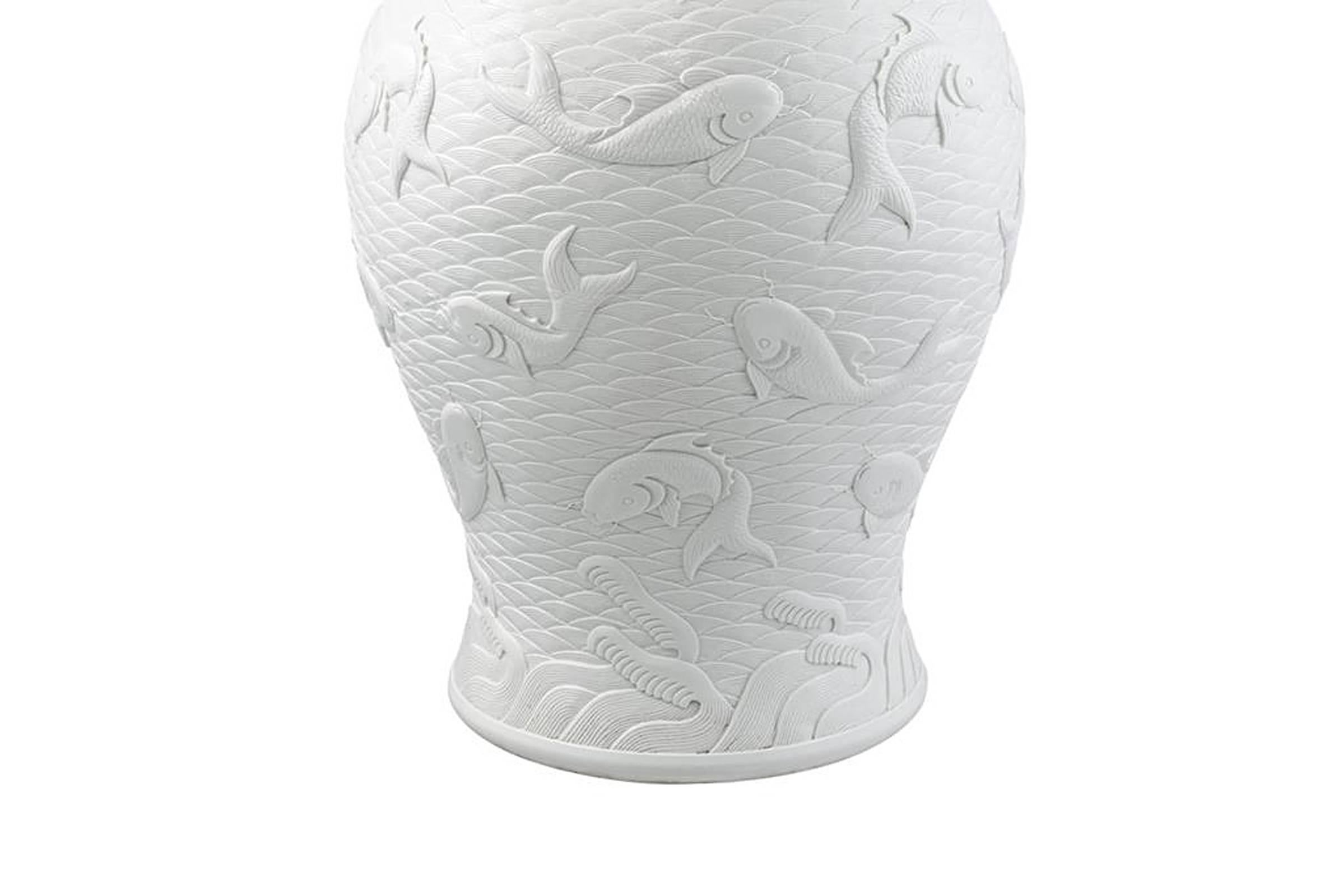 Carved Karps Vase in White Relief Ceramic with Japanese Fishes