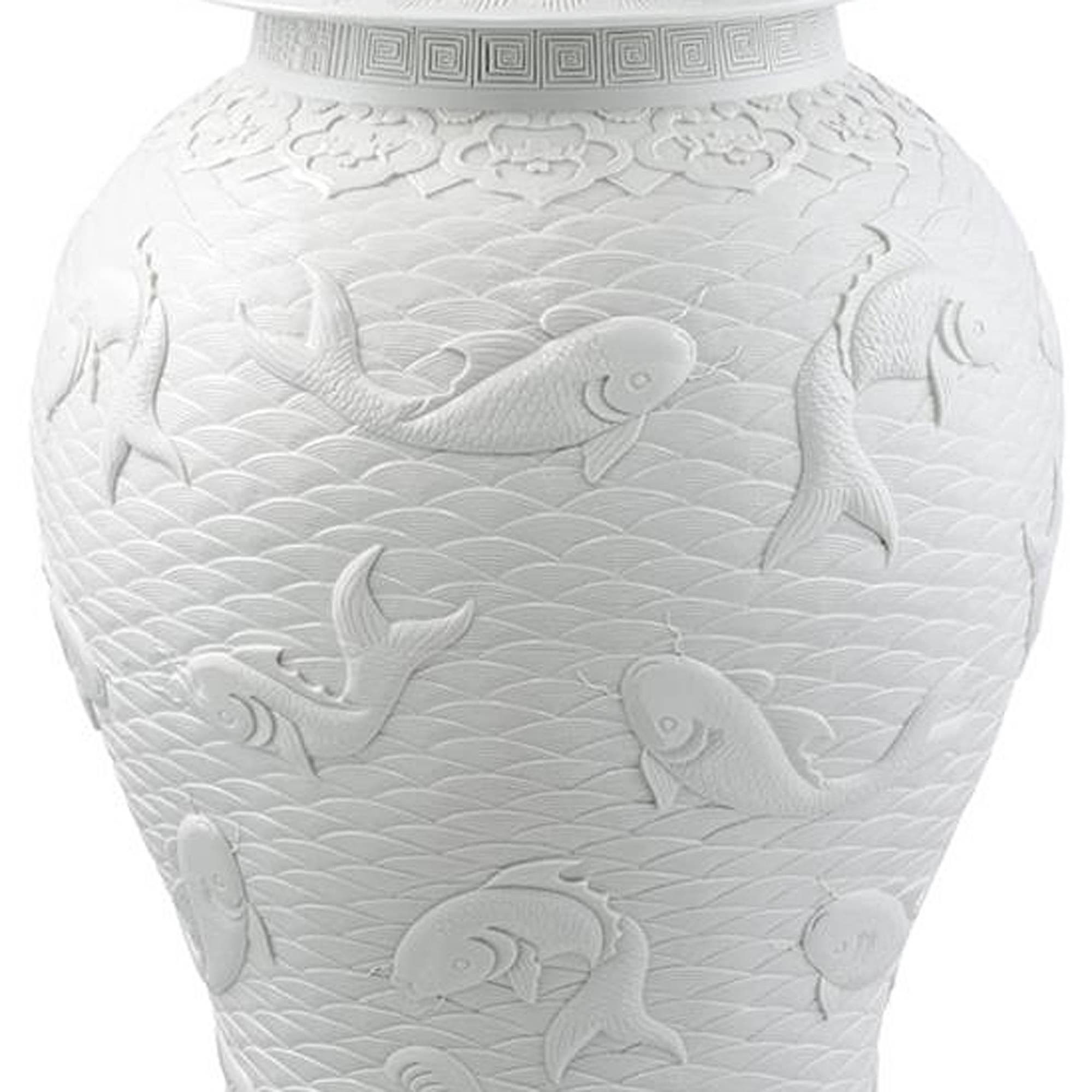 Chinese Karps Vase in White Relief Ceramic with Japanese Fishes