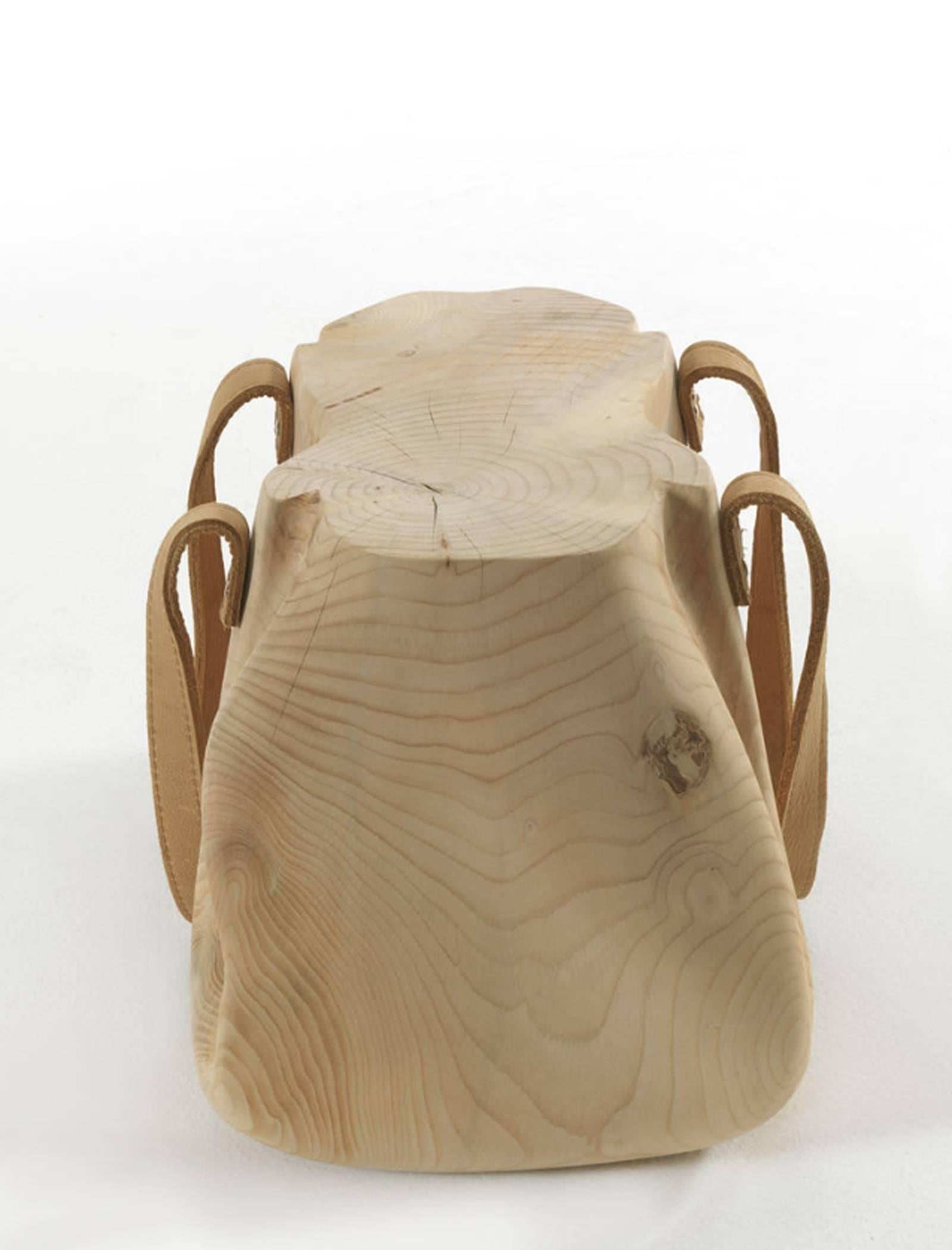 Contemporary Bag Stool in Solid Natural Cedar Wood Hand-Carved with Leather For Sale