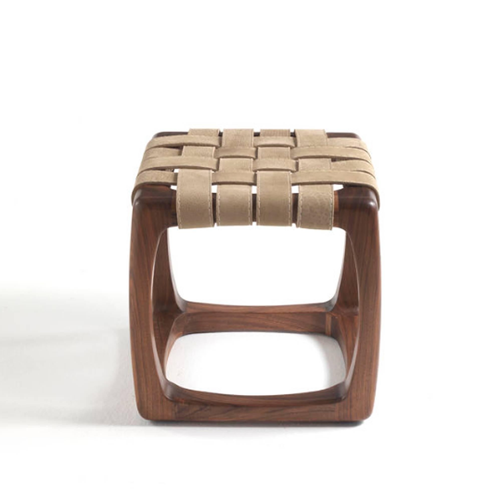 Hand-Crafted Berlingo Stool in Solid Polished Walnut with Leather Straps For Sale