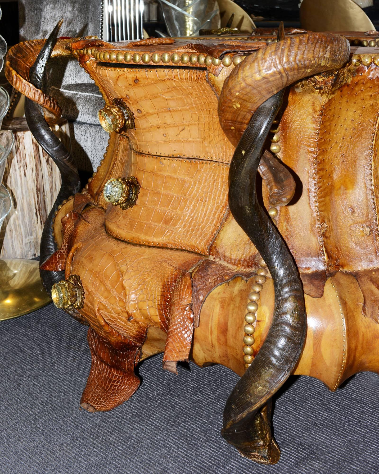 French Horns and Crocodile Chest of Drawers with Kudu Horns For Sale