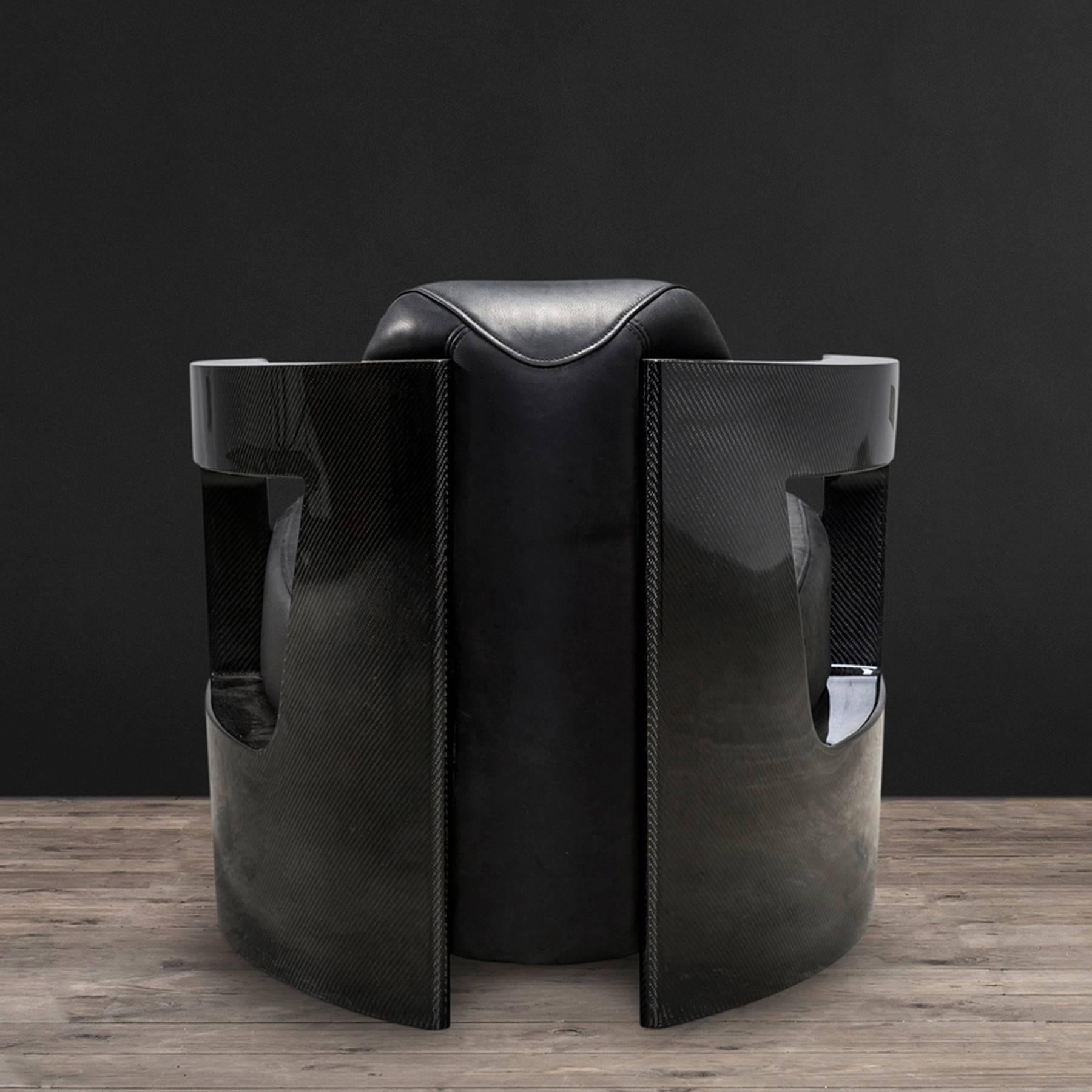 Contemporary Black Carbon Armchair with Black Genuine Leather For Sale