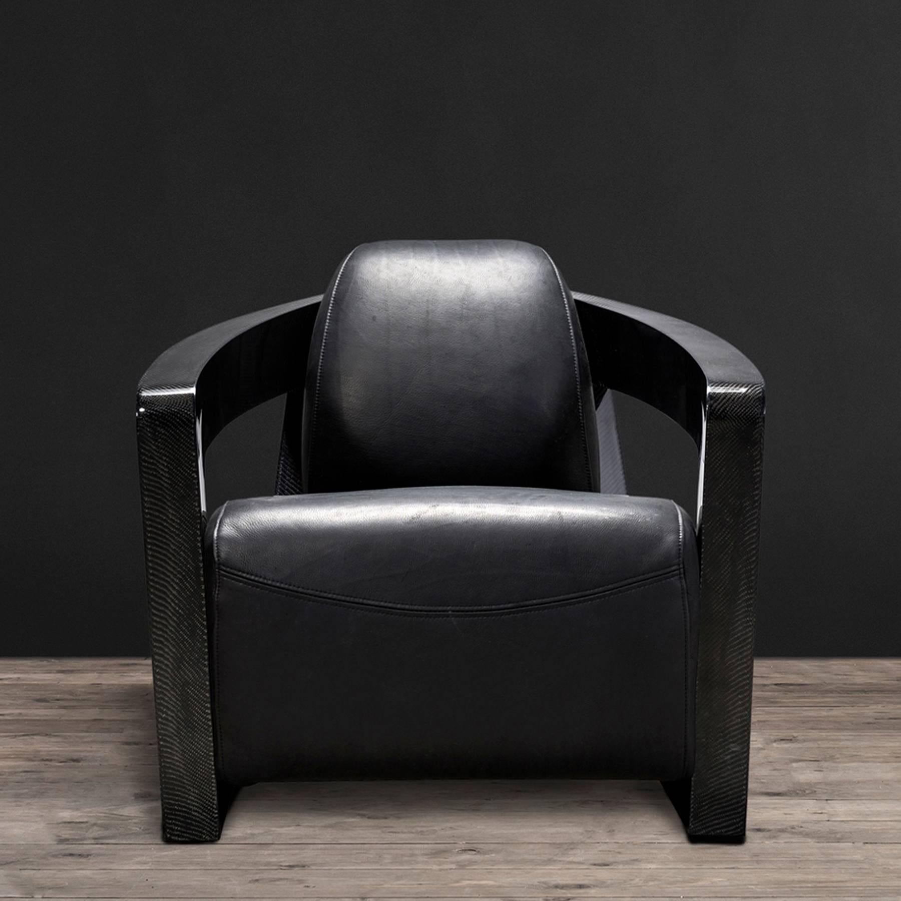 British Black Carbon Armchair with Black Genuine Leather For Sale