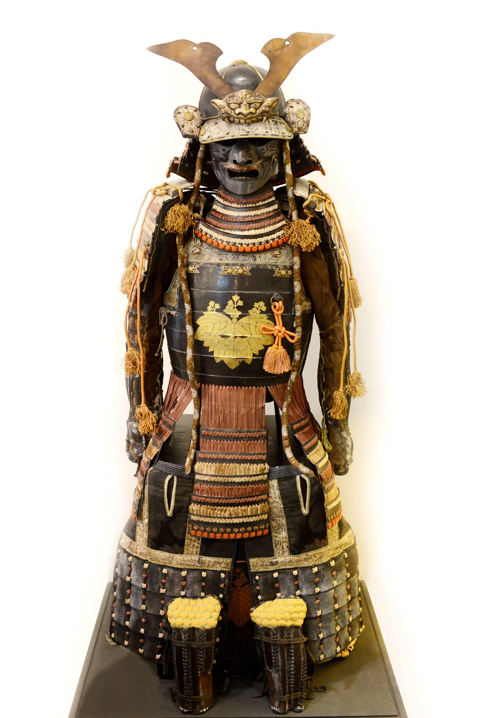 Armor Yoroï Samuraï Hoso-Kawa family from Kuma-Moto,
on Kyushu island. Meiji Era 1868-1912. Armor from
1880. With pointed leaves and paulownia or kiri leaves.
Under glass box with Led lighting. Exceptional piece. 
Led box: L 80 x D 60 x H