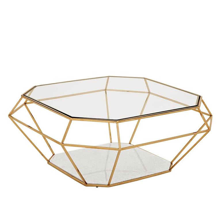 Diamond Coffee Table in Gold Finish with White Marble For Sale at