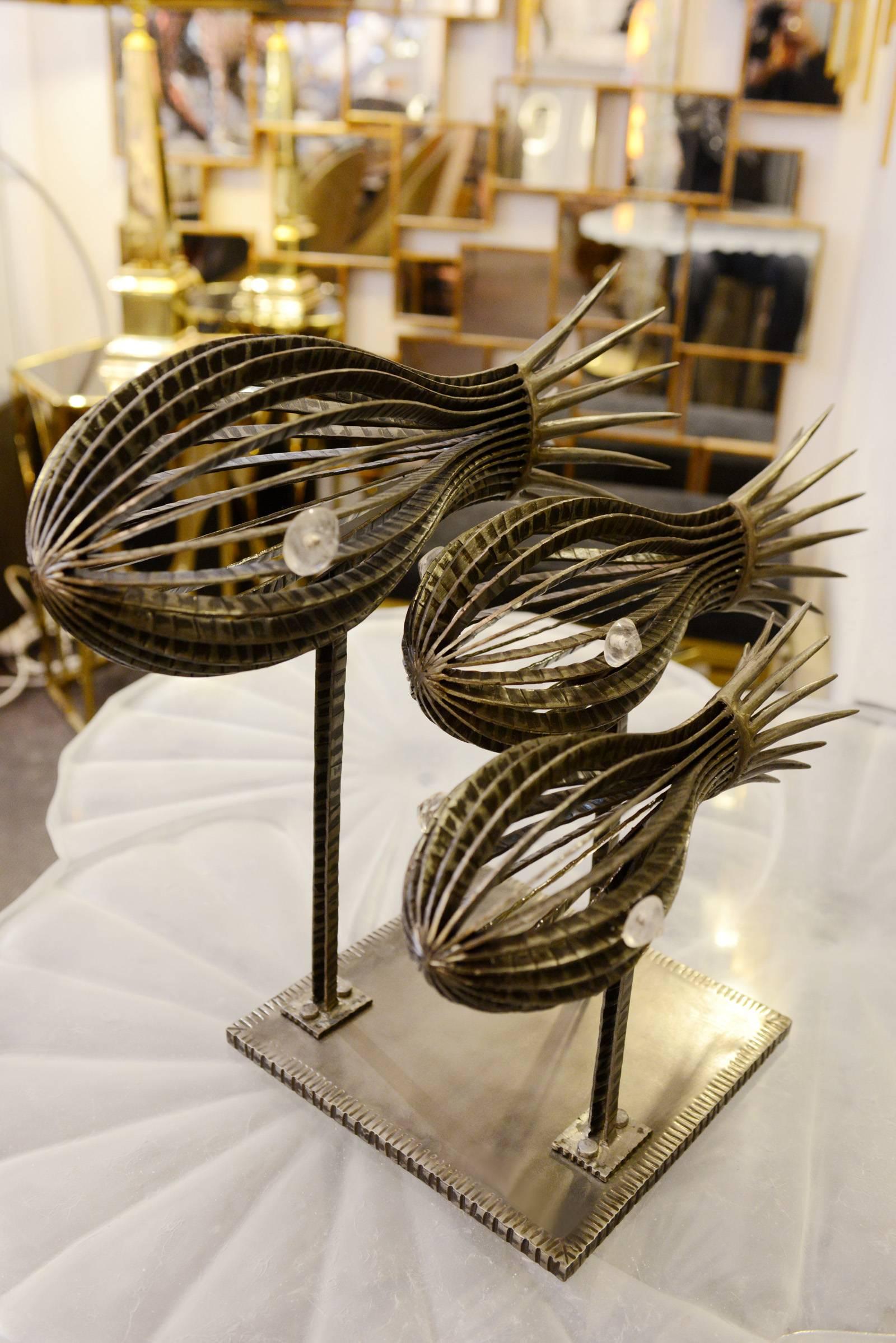 Contemporary Sculpture Three Fishes in Handcrafted Wrought Iron with Crystal Eyes