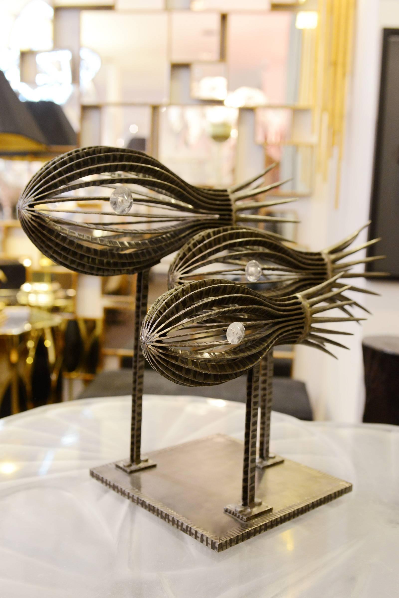 Sculpture Three Fishes in Handcrafted Wrought Iron with Crystal Eyes In Excellent Condition In Paris, FR