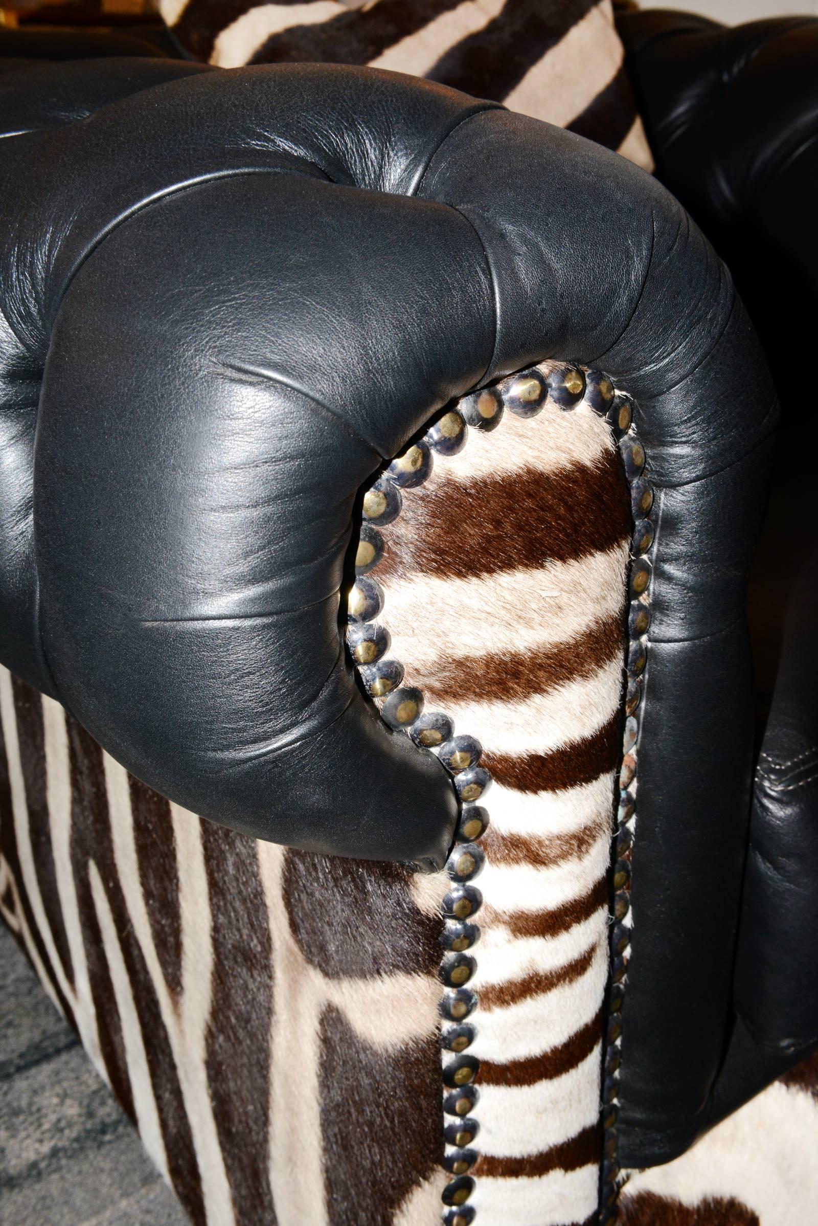 French Zebra Armchair with Real Zebra Skin and Black Leather For Sale