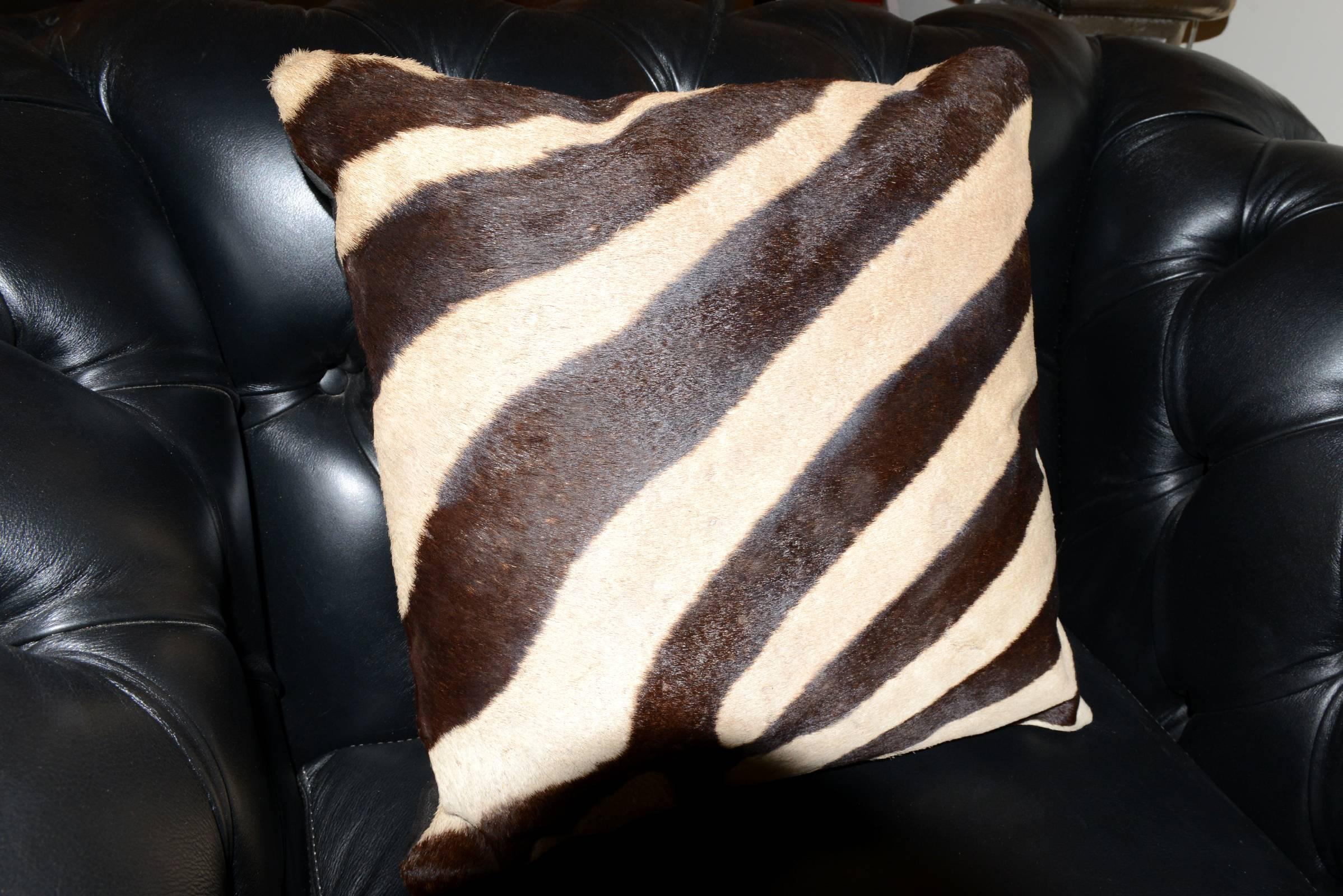 Hand-Crafted Zebra Armchair with Real Zebra Skin and Black Leather For Sale