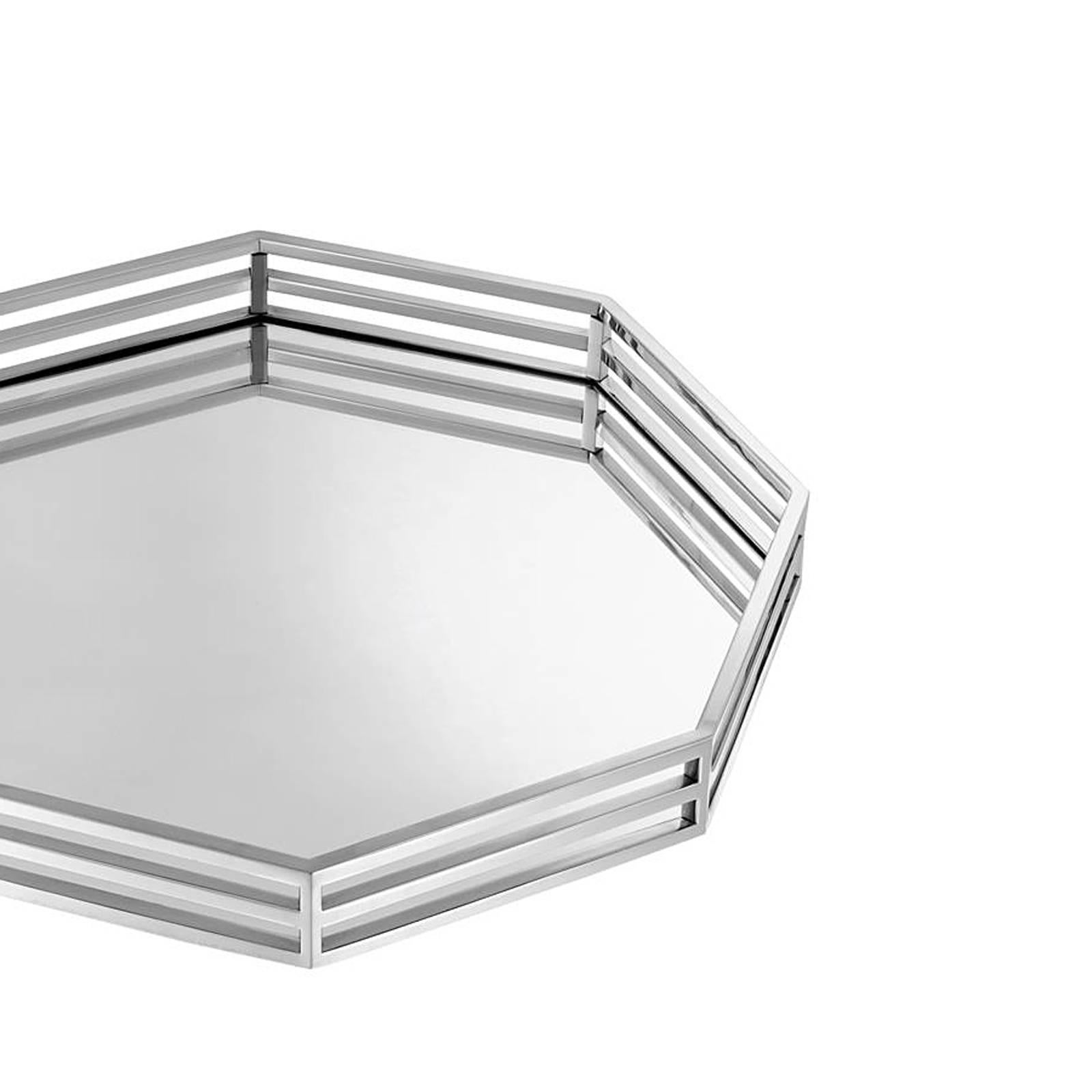 Contemporary Octogon Tray in Nickel Finish and Mirror Glass