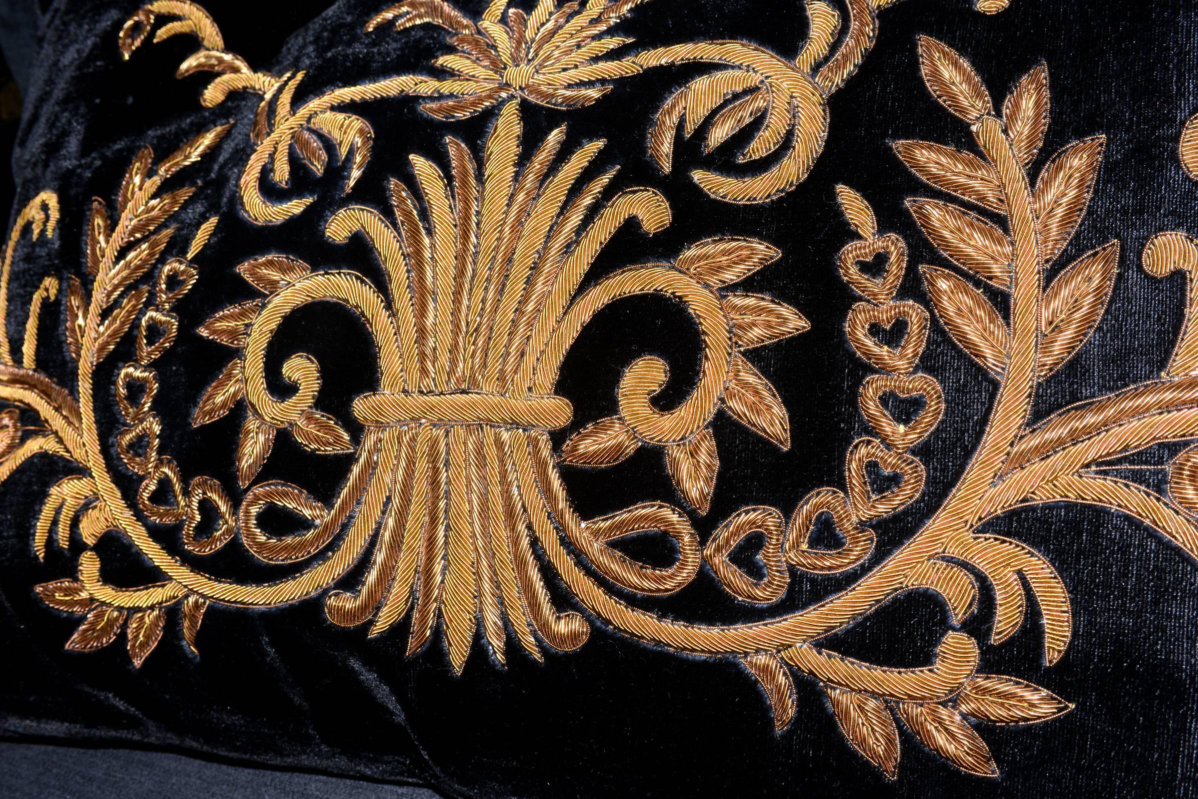Indian Ryad Pillow Gold Thread and Black Velvet For Sale