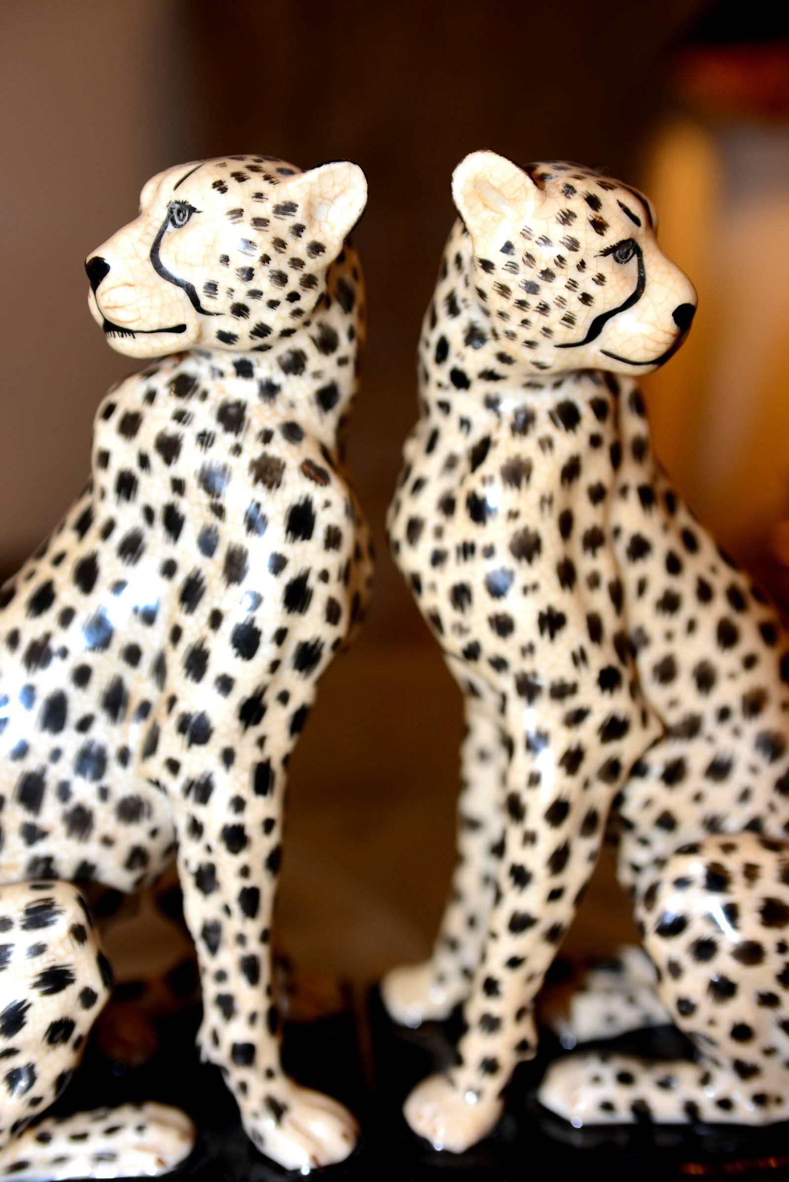 Painted Cheetah Bookends Set of Two in Porcelain with Brass Base