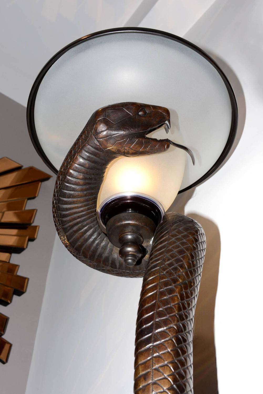 Snake Floor Lamp in Bronze with Frosted Glass Lamp For Sale at 1stdibs