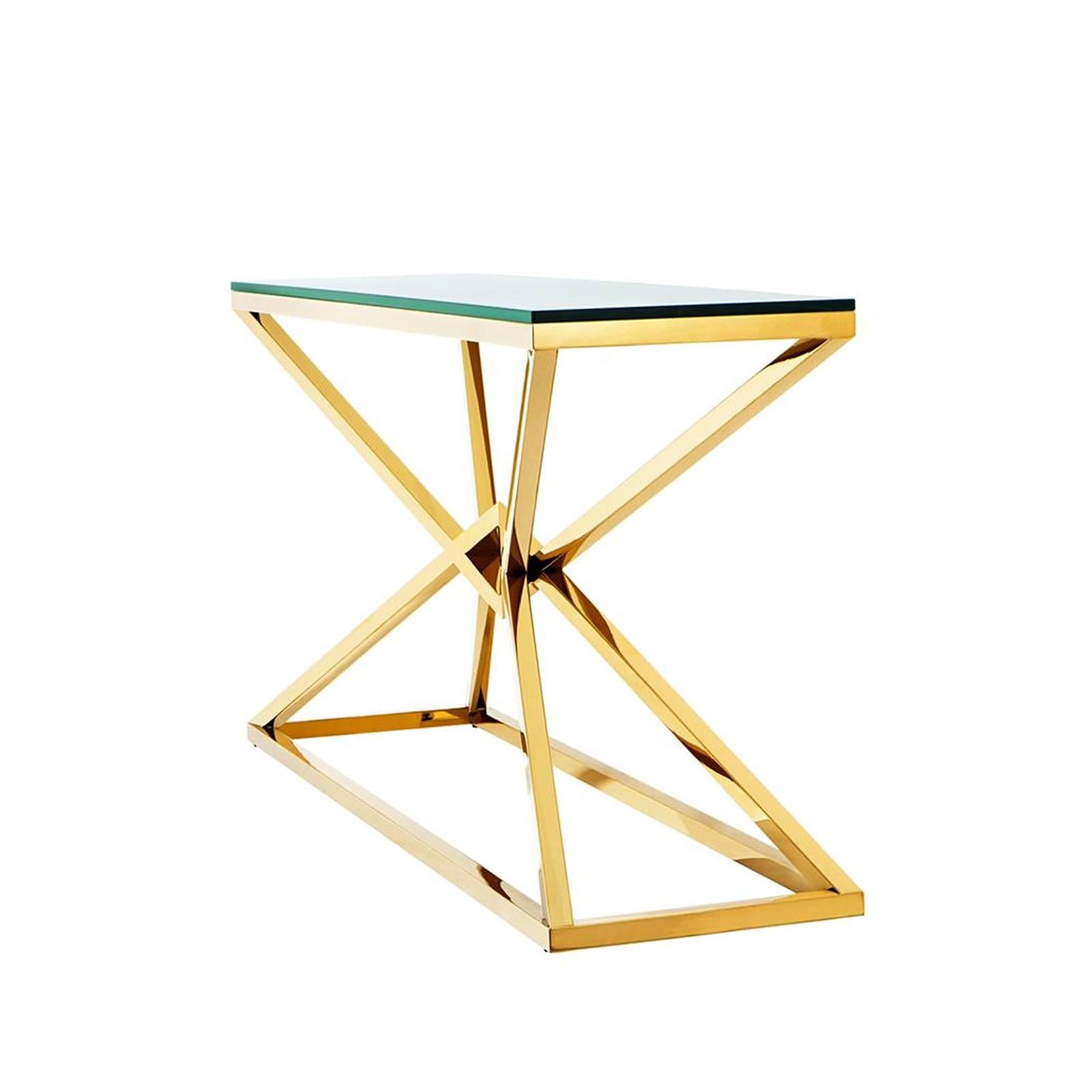 Console table Equis with clear glass top and gold finish
structure. Available in polished bronze finish or
stainless steel.
