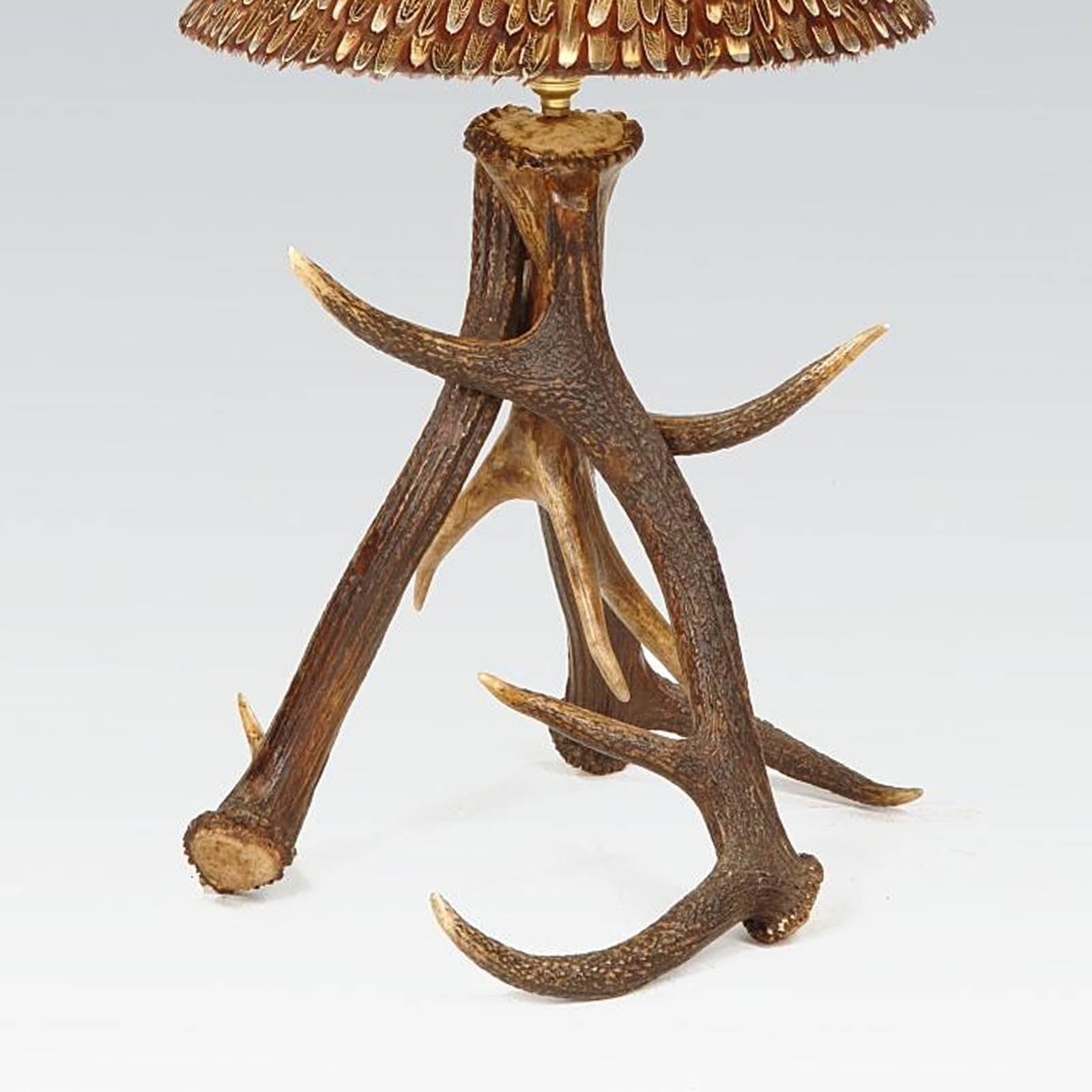 Hand-Crafted Three Antlers Table Lamp with Partridge Feather Lamp Shade