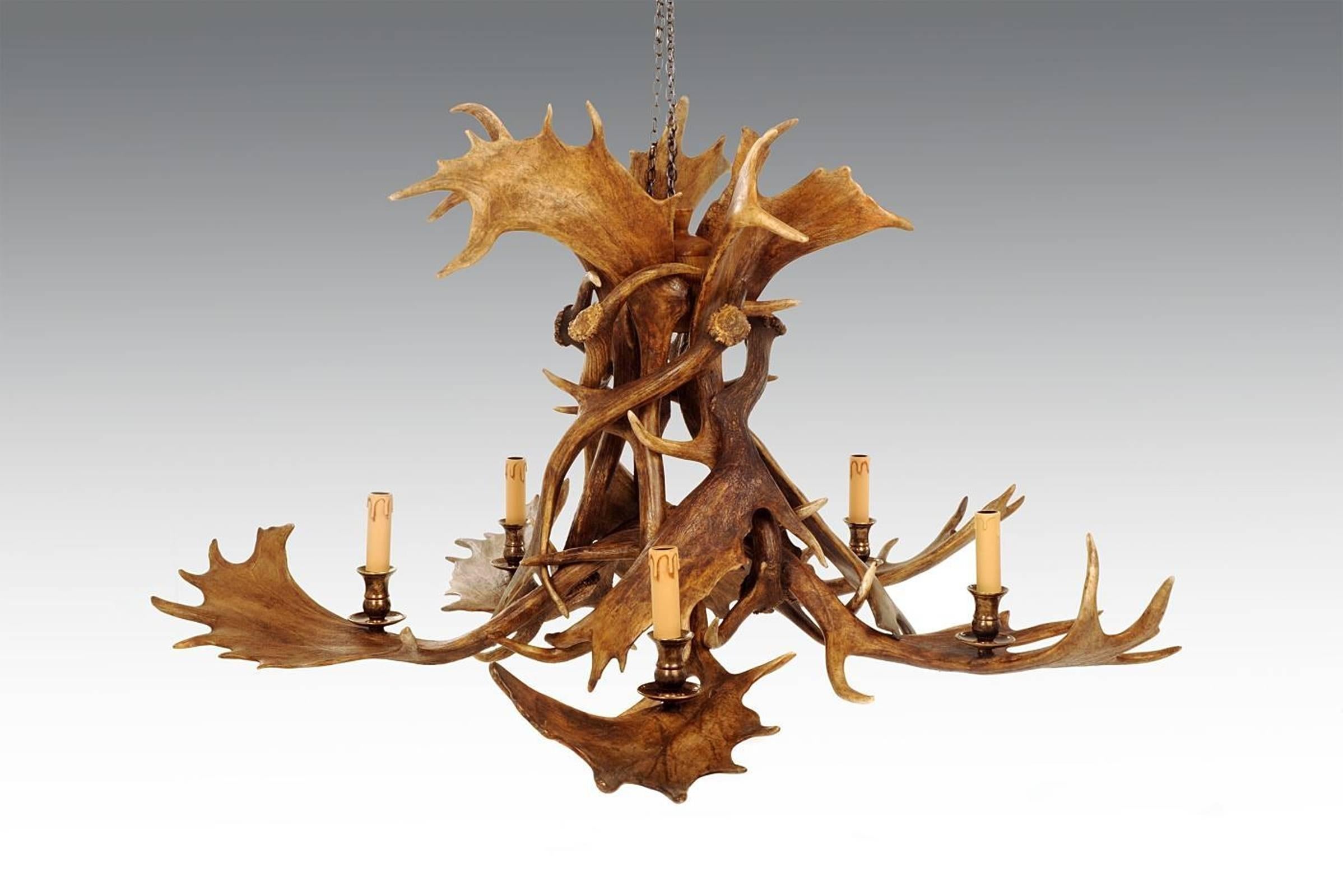 Scottish Reindeer Master Chandelier with Five Partridge Feather Shades For Sale