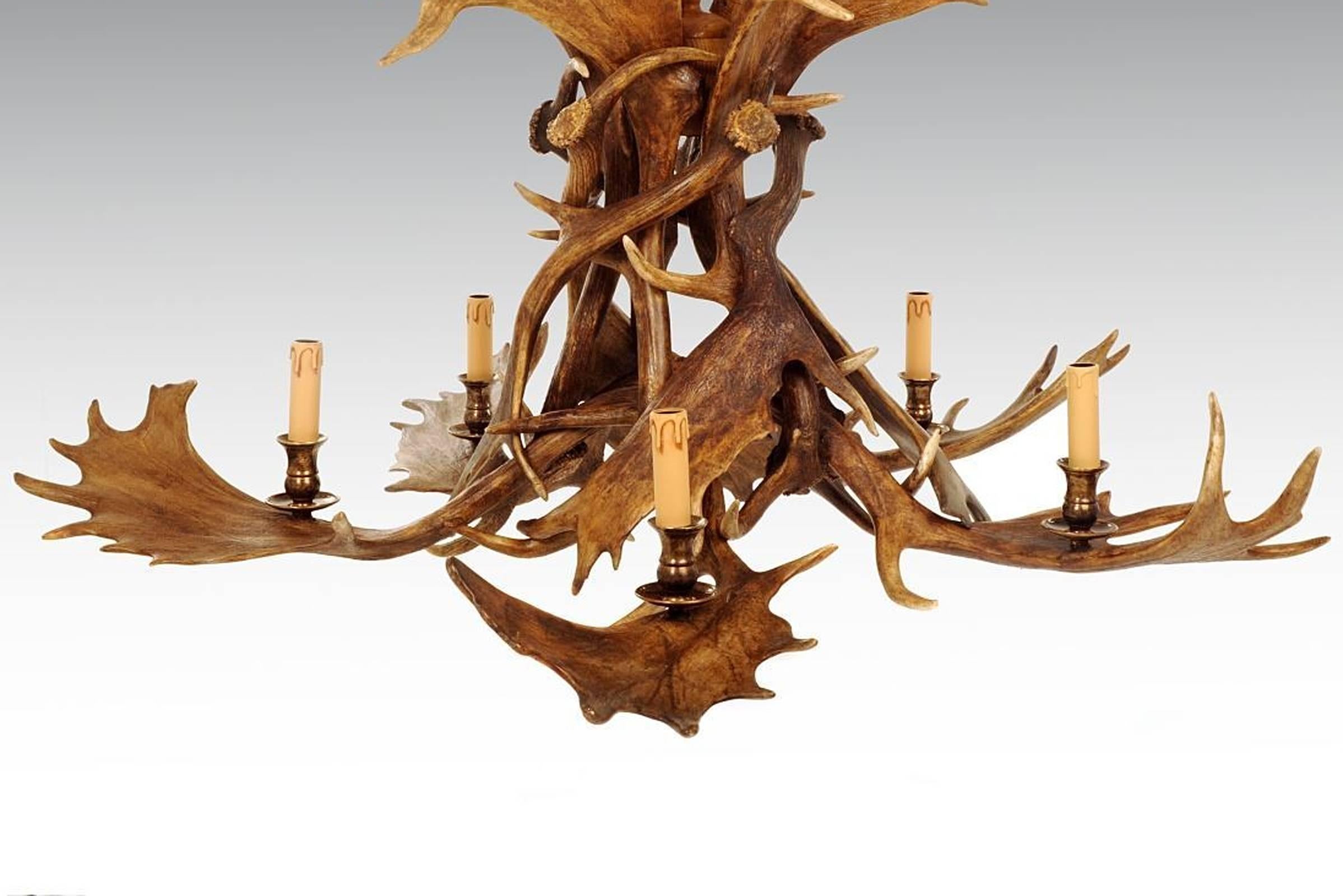Hand-Crafted Reindeer Master Chandelier with Five Partridge Feather Shades For Sale