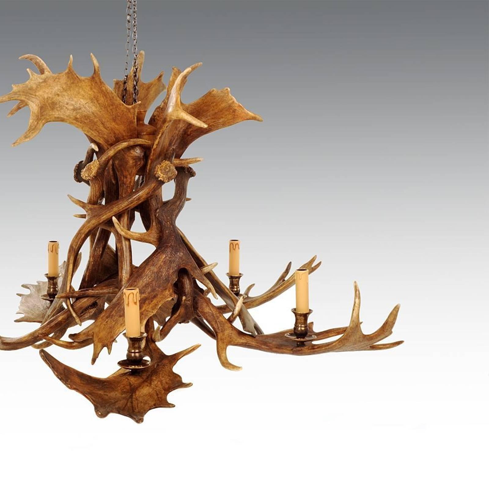 Antler Reindeer Master Chandelier with Five Partridge Feather Shades For Sale