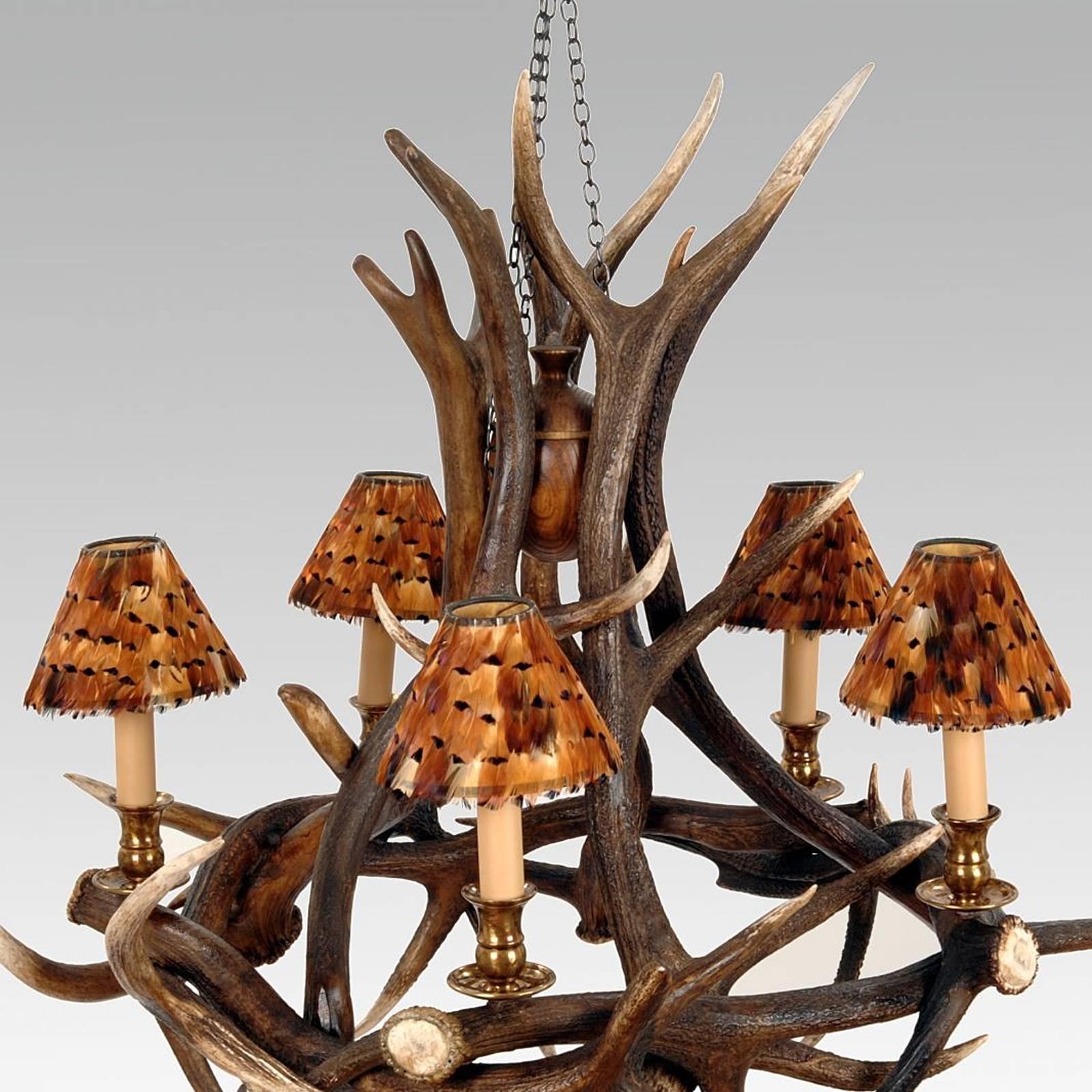 Hand-Crafted Five Antlers Chandelier Vintage Brass Finish with Partridge Feather Shades For Sale