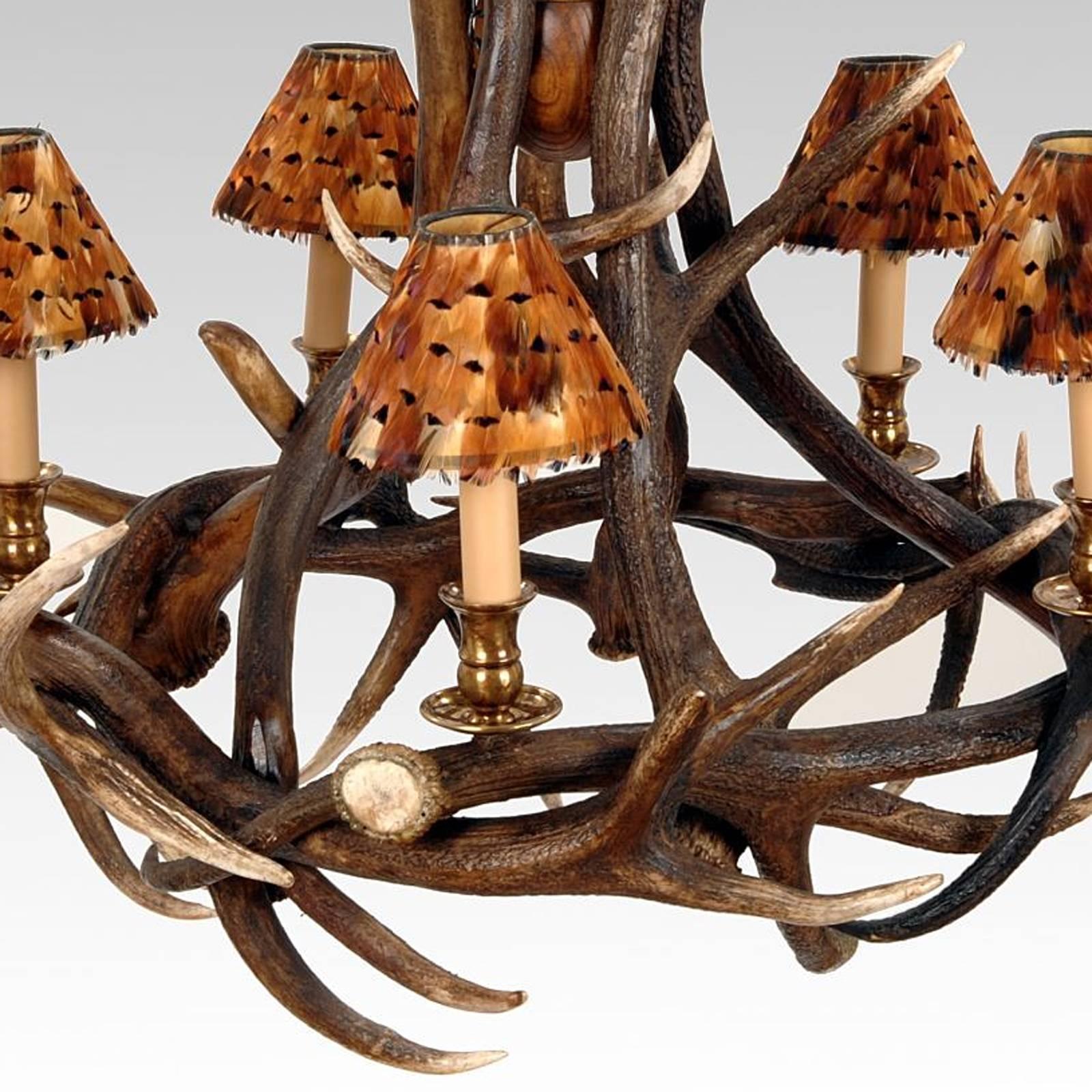 Scottish Five Antlers Chandelier Vintage Brass Finish with Partridge Feather Shades For Sale