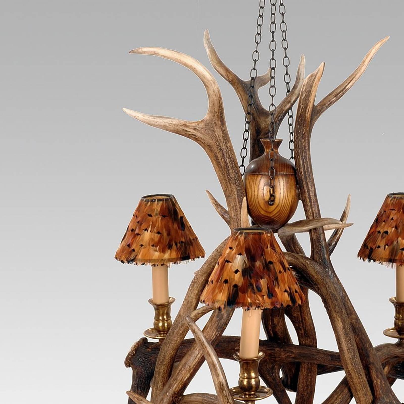 Hand-Crafted Three Antlers Chandelier, Vintage Brass Finish, Three Partridge Feather Shades For Sale