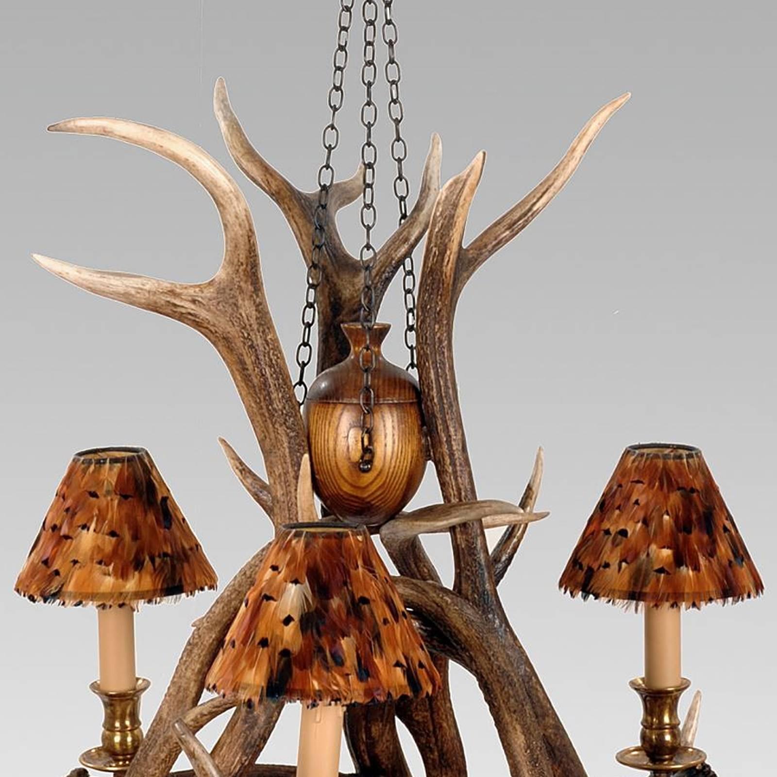 Contemporary Three Antlers Chandelier, Vintage Brass Finish, Three Partridge Feather Shades For Sale