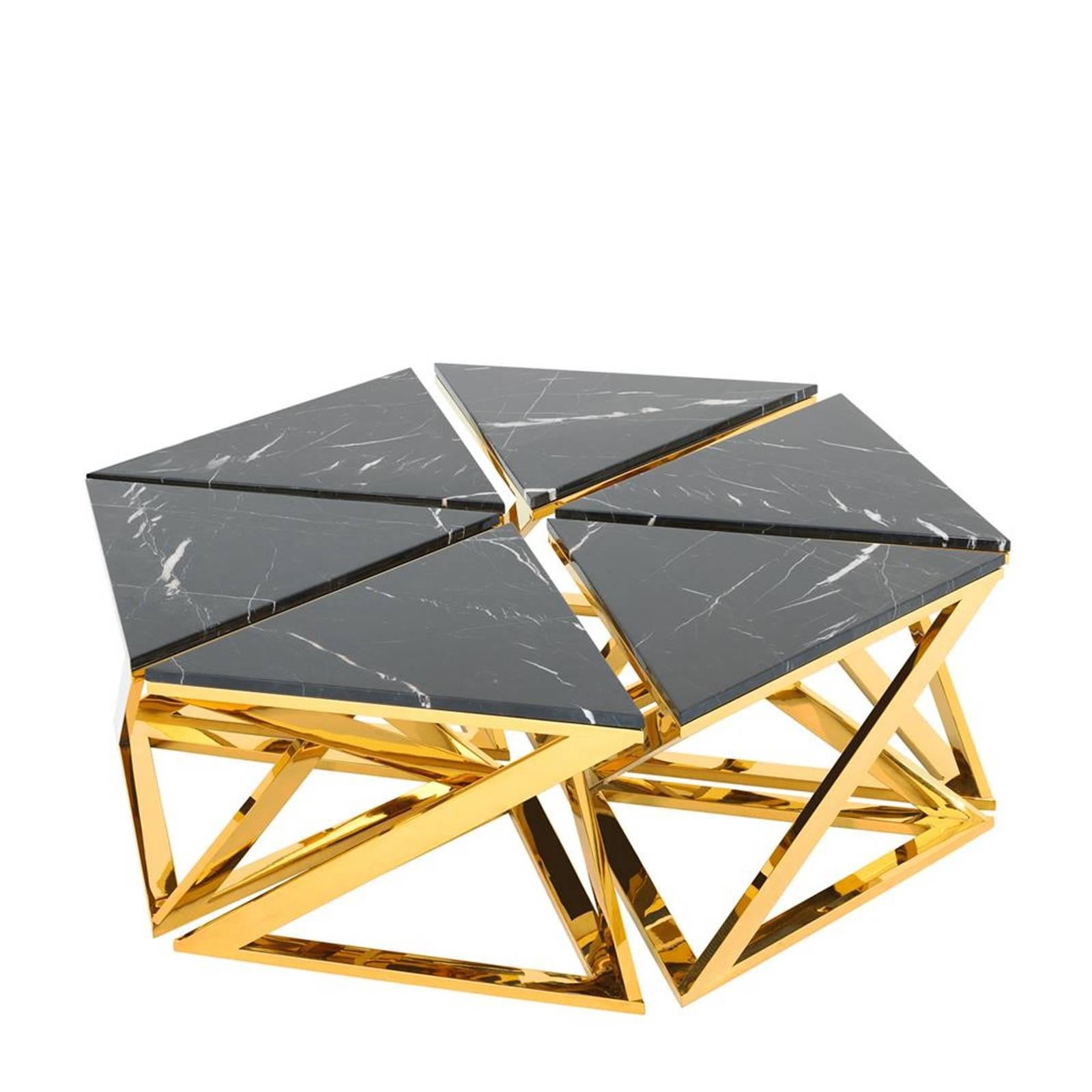 Coffee table ellipse set of six table with gold finish polished
stainless steel structure and black marble top.
Measures: L 123 x D 141 x H 45.5 cm and L 69 x D 60 x H 45.5 cm per piece.
Also available in polished stainless steel.
 
