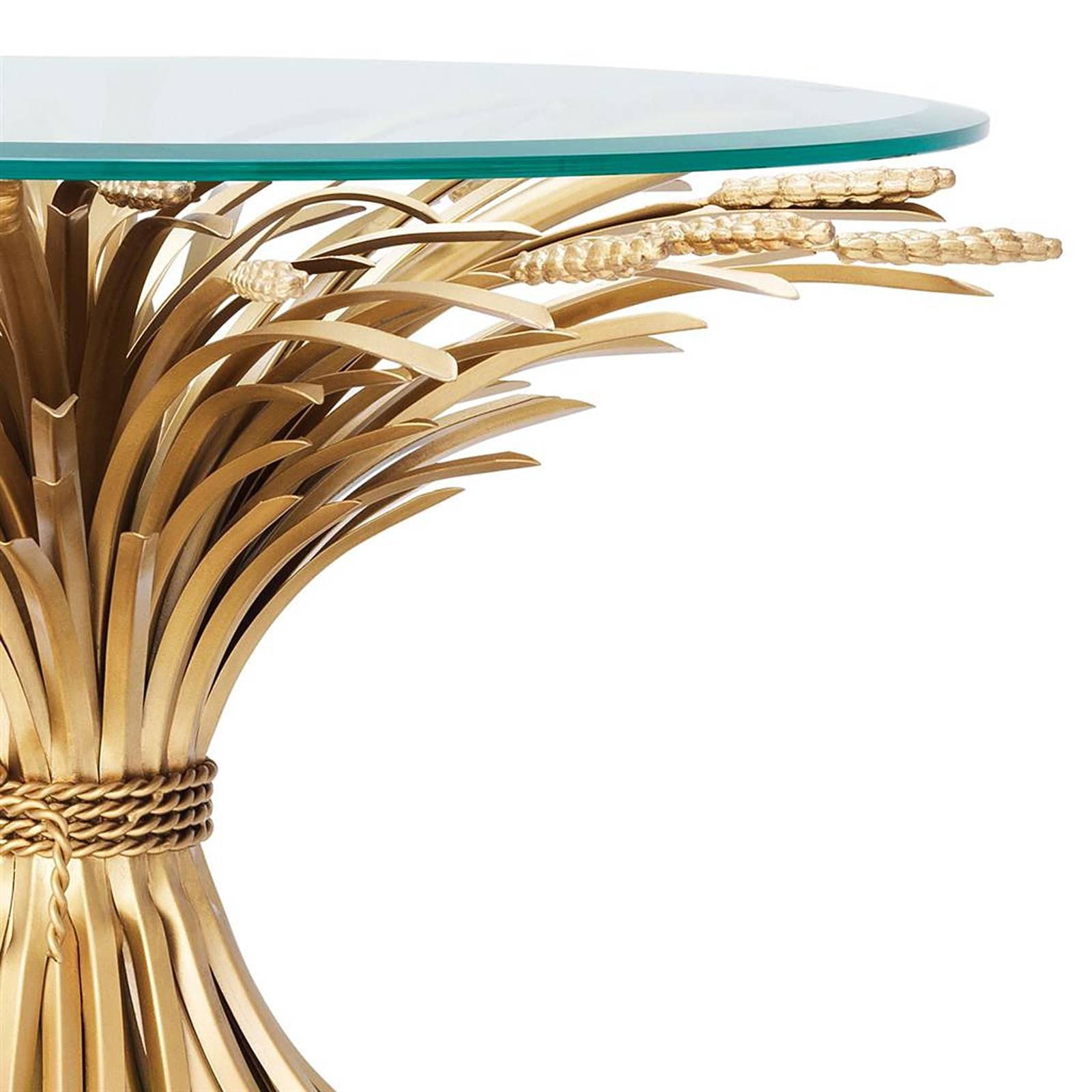 Wheat Sheaf Side Table in Antique Gold Finish with Glass Top In Excellent Condition In Paris, FR