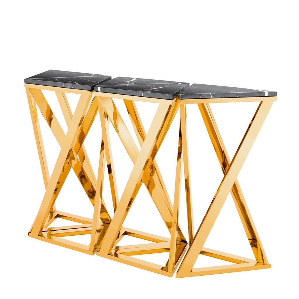 Console Ellipse set of five table with gold finish polished 
stainless steel structure and black marble top.
Measures: L 143 x D 41 x H 80.5 cm and L 46 x D 40 x H 80.5 cm per piece.
Also available in polished stainless steel.
