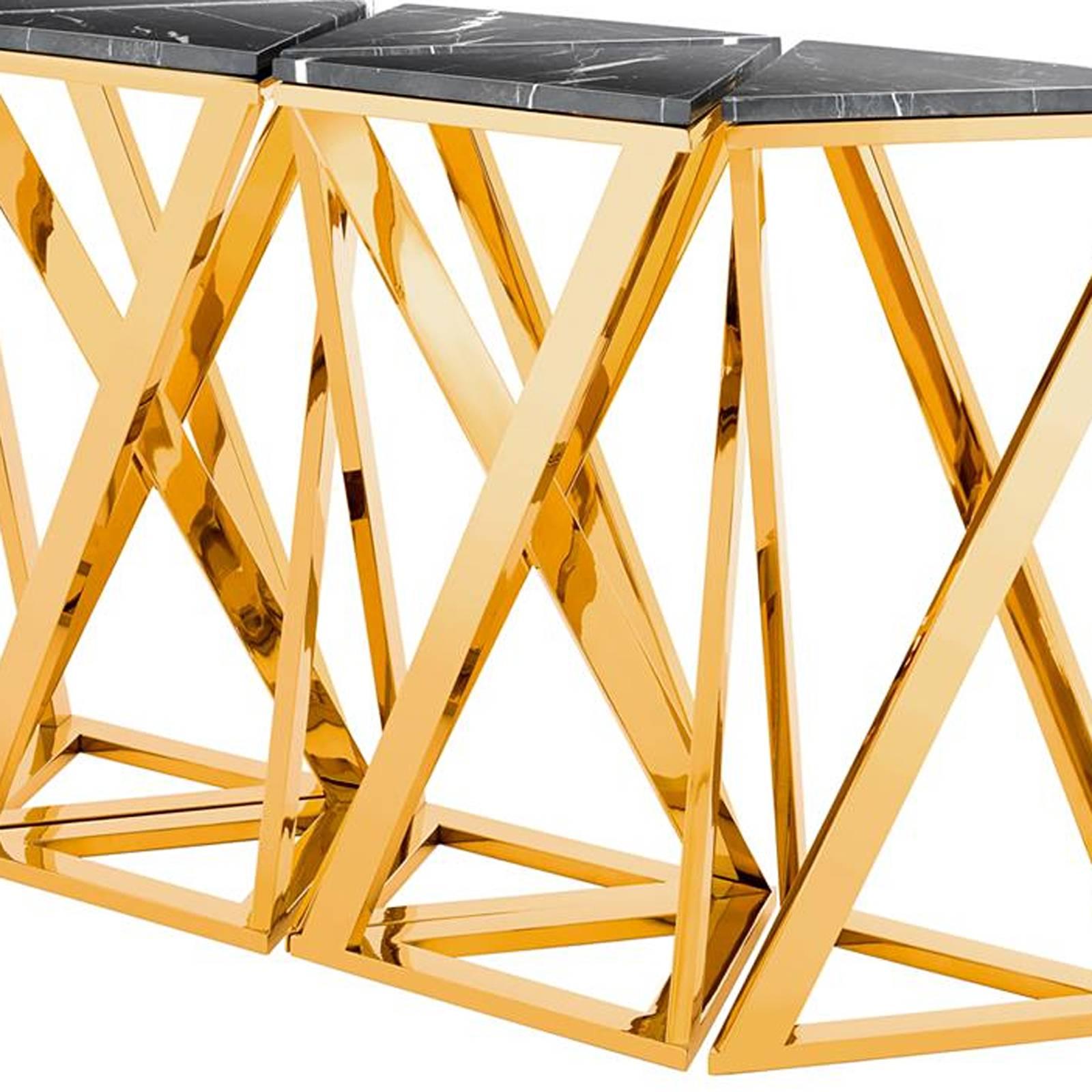 Polished Ellipse Console Set of Five Table in Gold Finish with Black Marble