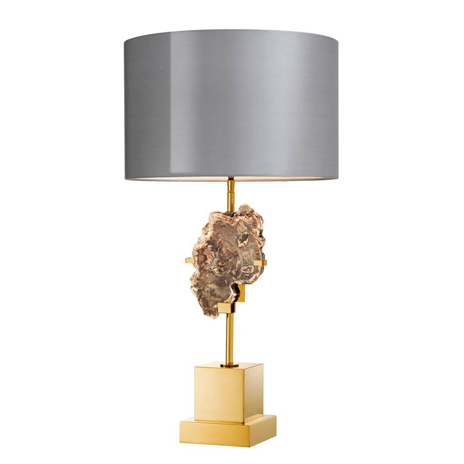 Dominus Table Lamp in Gold Finish with Petrified Wood In Excellent Condition In Paris, FR