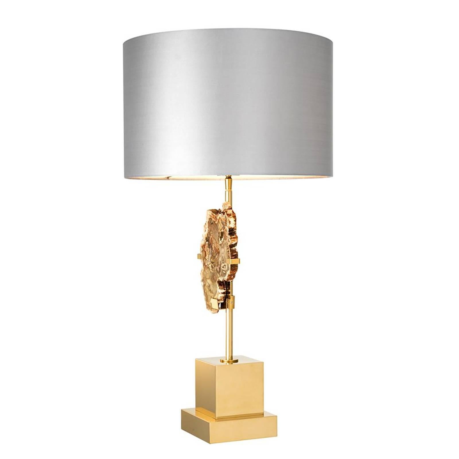 Chinese Dominus Table Lamp in Gold Finish with Petrified Wood