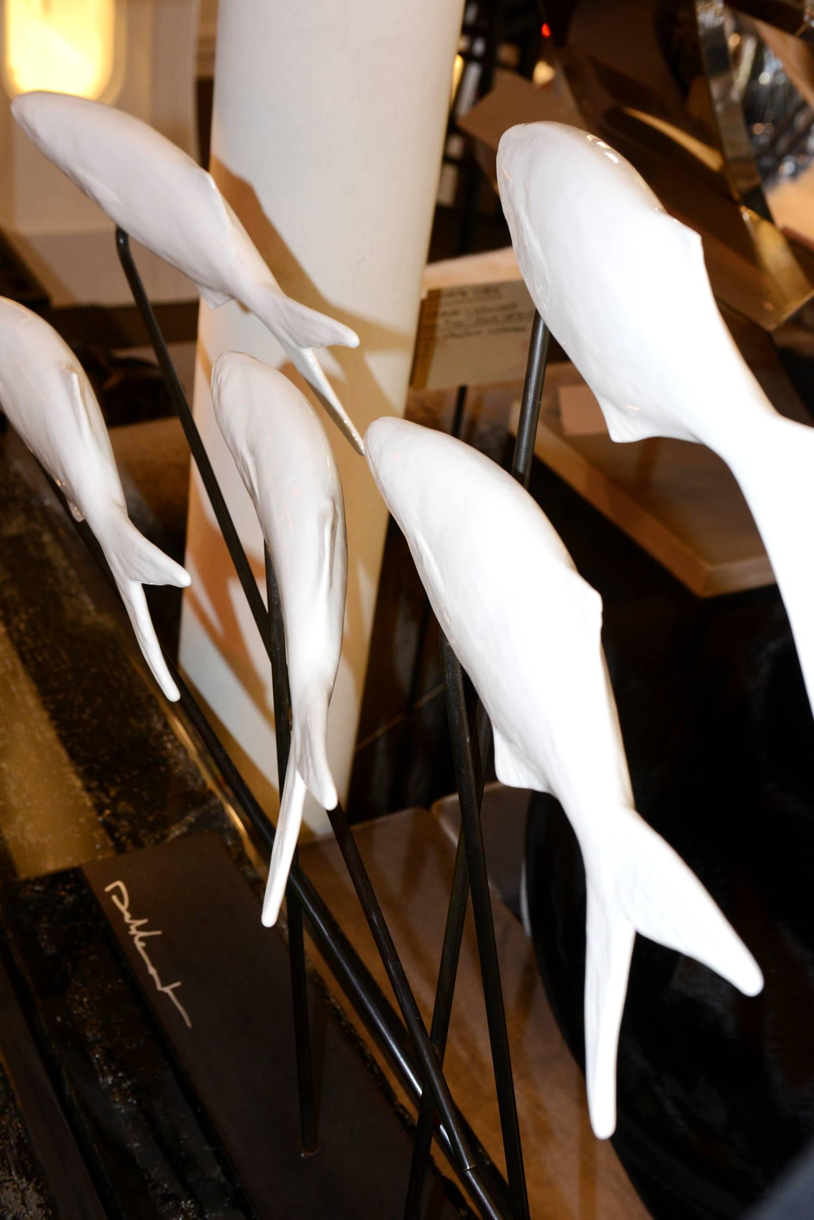 Contemporary Fishes Sculpture in White Ceramic on Bronze Base by Dablemont For Sale